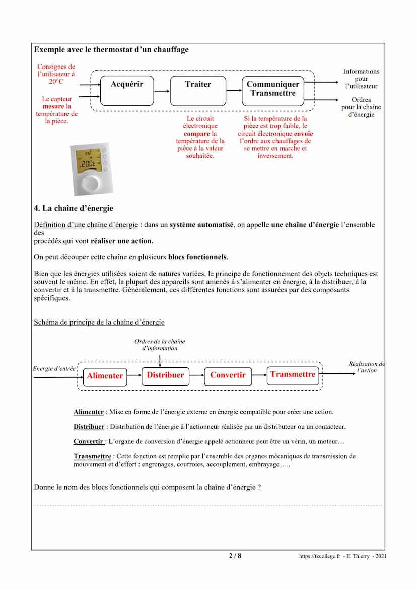Date:
Classe de 3°.....
1. Un système automatisé
Chaîne d'information
et chaîne d'énergie
Nom:
Un système automatisé est composé de plusieur