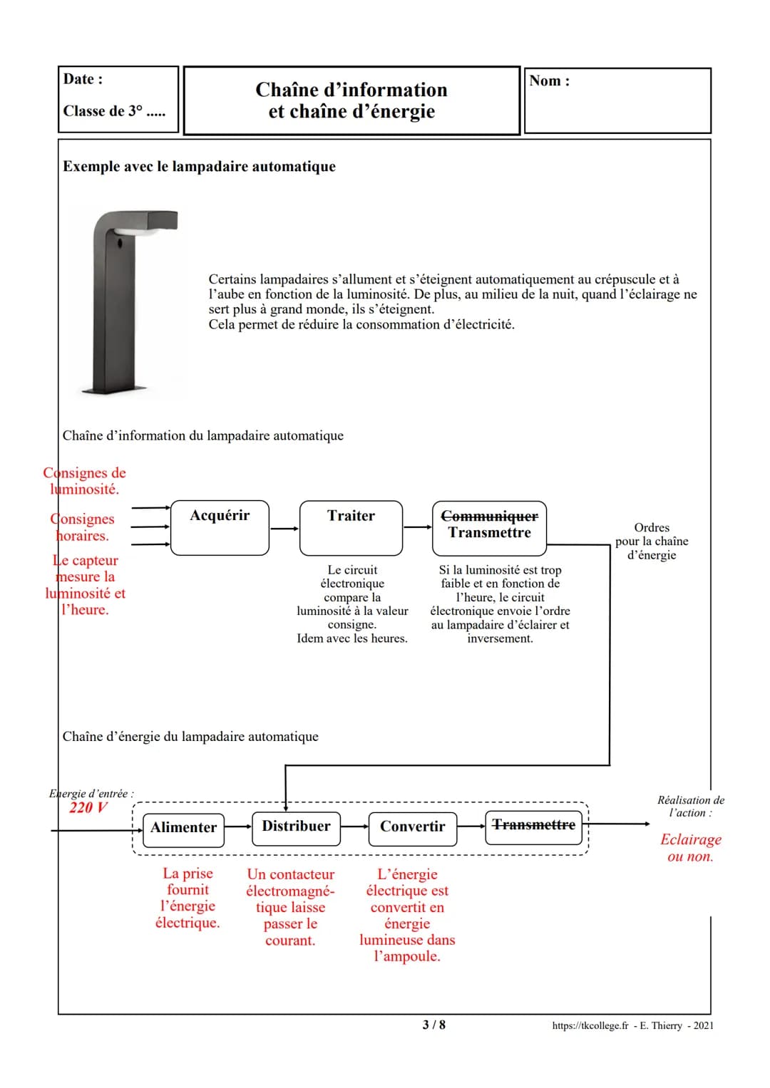 Date:
Classe de 3°.....
1. Un système automatisé
Chaîne d'information
et chaîne d'énergie
Nom:
Un système automatisé est composé de plusieur