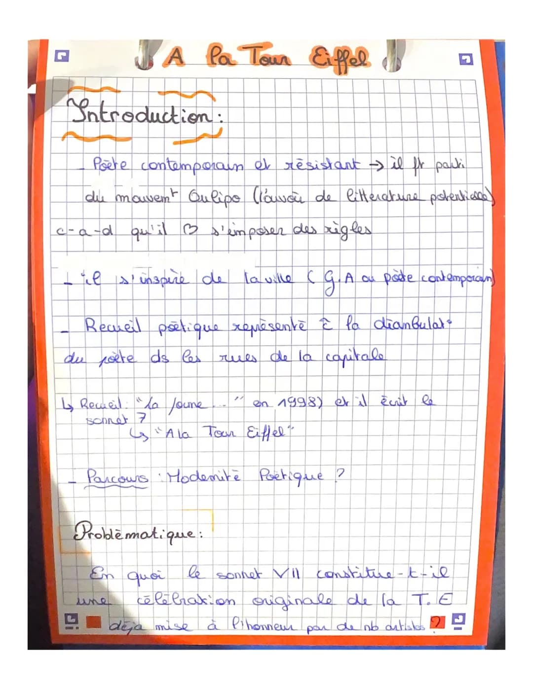Introduction:
A la Tour Eiffel
Poère contemporain et résistant -> il ft parki
du mouvent Qulipo (l'ouvoù de letterature pistentis
c-a-d qu'i