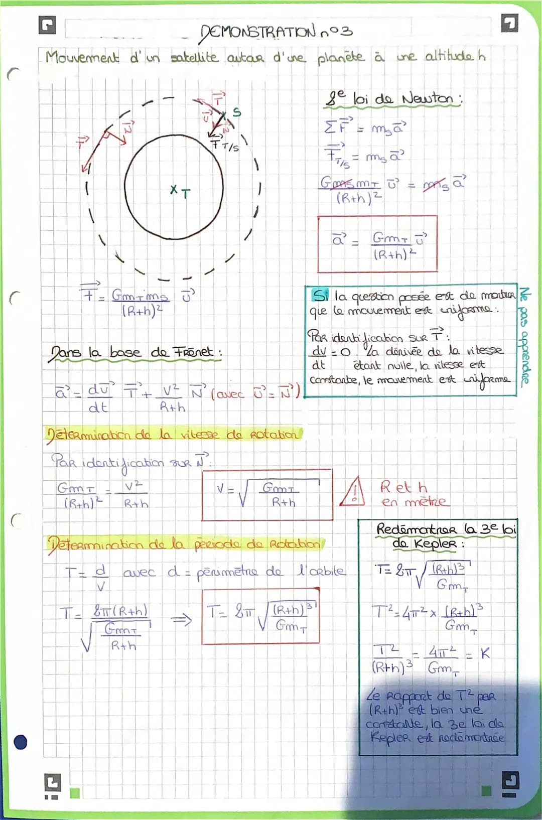 C
C
DEMONSTRATION n°3
Mouvement d'un satellite autar d'une planète à une altitude h
ît
F=
Par
I
Dans la base de Frênet:
a² = du T²+ V² N² (a