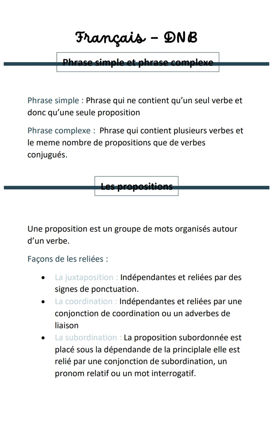 Français - DNB
Phrase simple et phrase complexe
Phrase simple : Phrase qui ne contient qu'un seul verbe et
donc qu'une seule proposition
Phr
