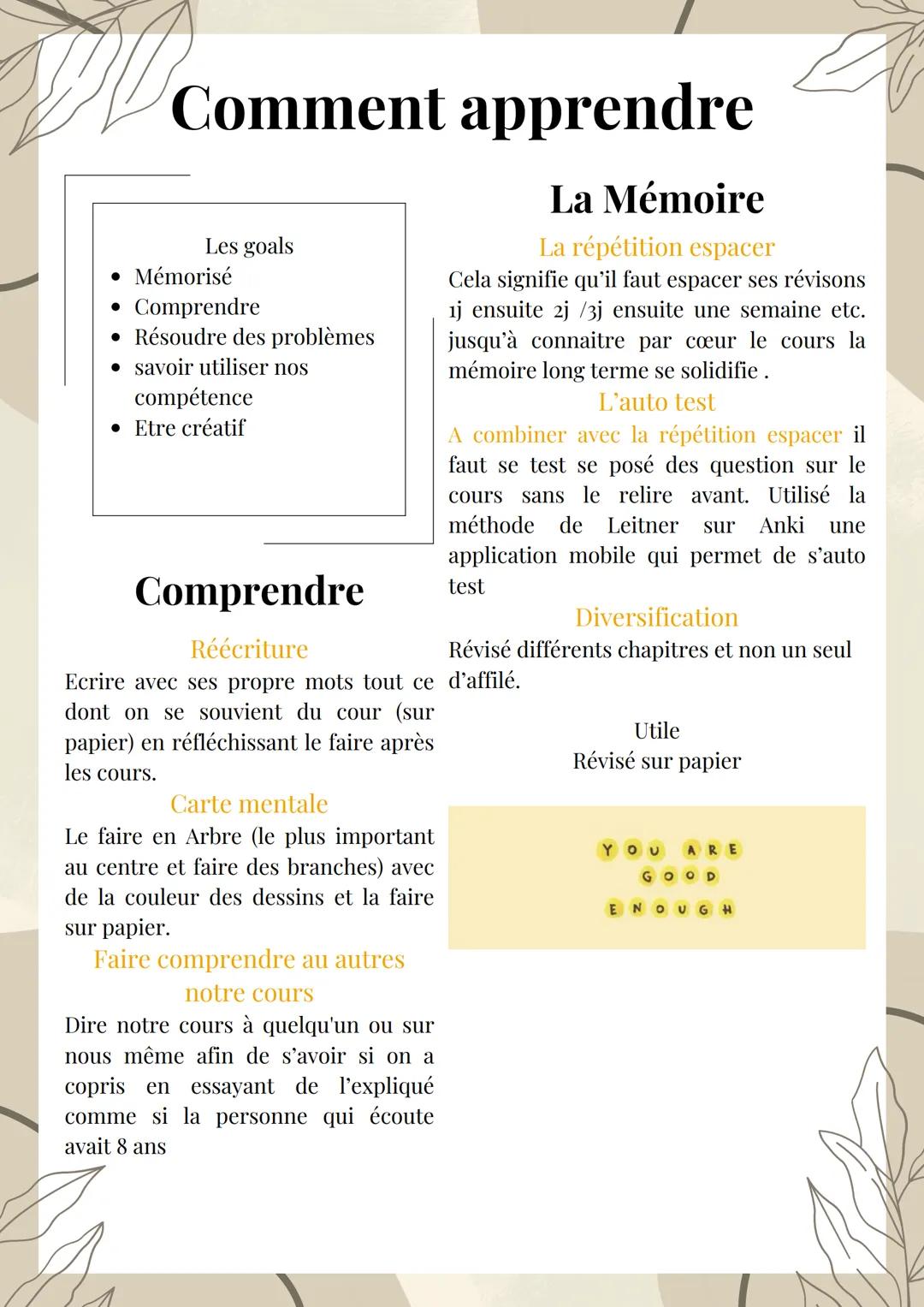 Comment apprendre
La Mémoire
La répétition espacer
Cela signifie qu'il faut espacer ses révisons
ij ensuite 2j /3j ensuite une semaine etc.
