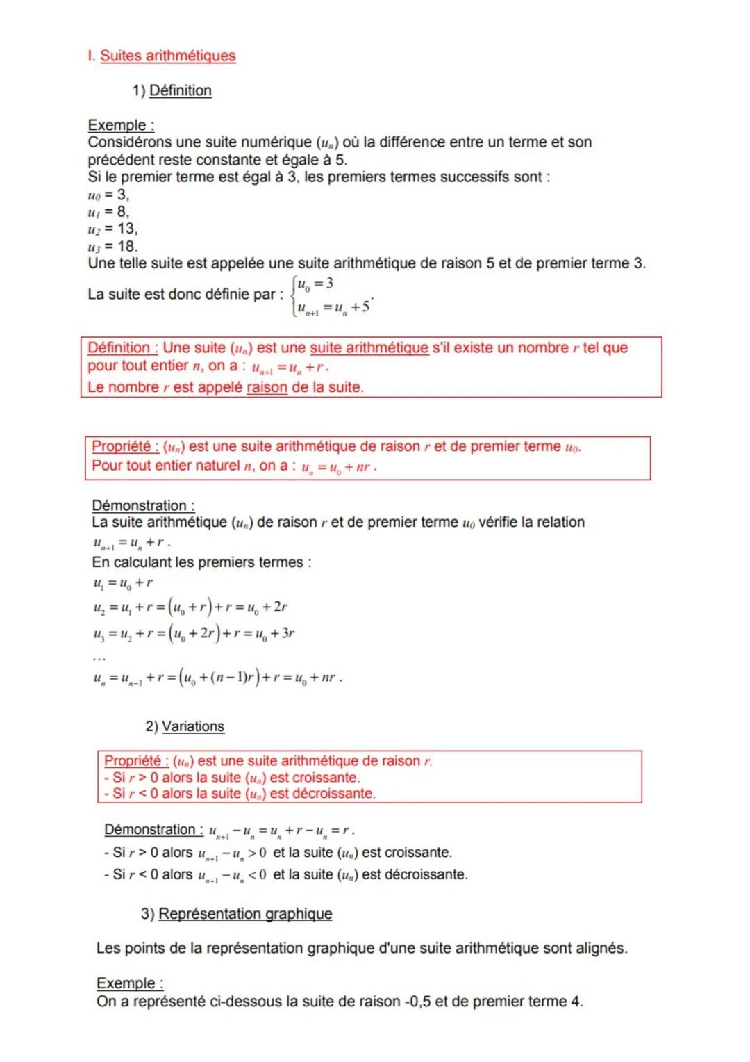 1. Suites arithmétiques
1) Définition
Exemple:
Considérons une suite numérique (un) où la différence entre un terme et son
précédent reste c