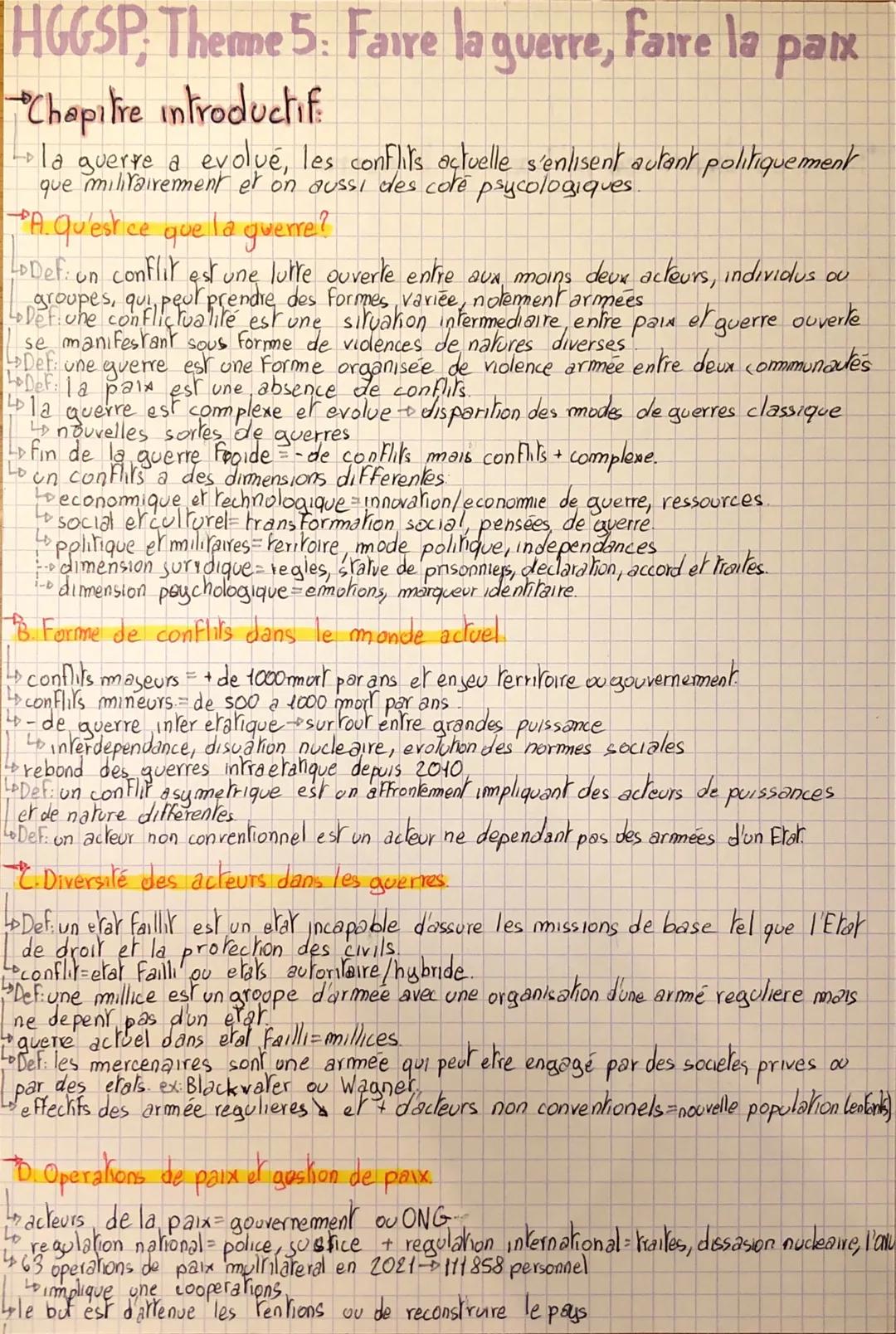 HGGSP Theme 5: Fare la guerre, faire la paix
Chapitre introductif:
-
·la guerre a evolué, les conflits actuelle s'enlisent autant politiquem