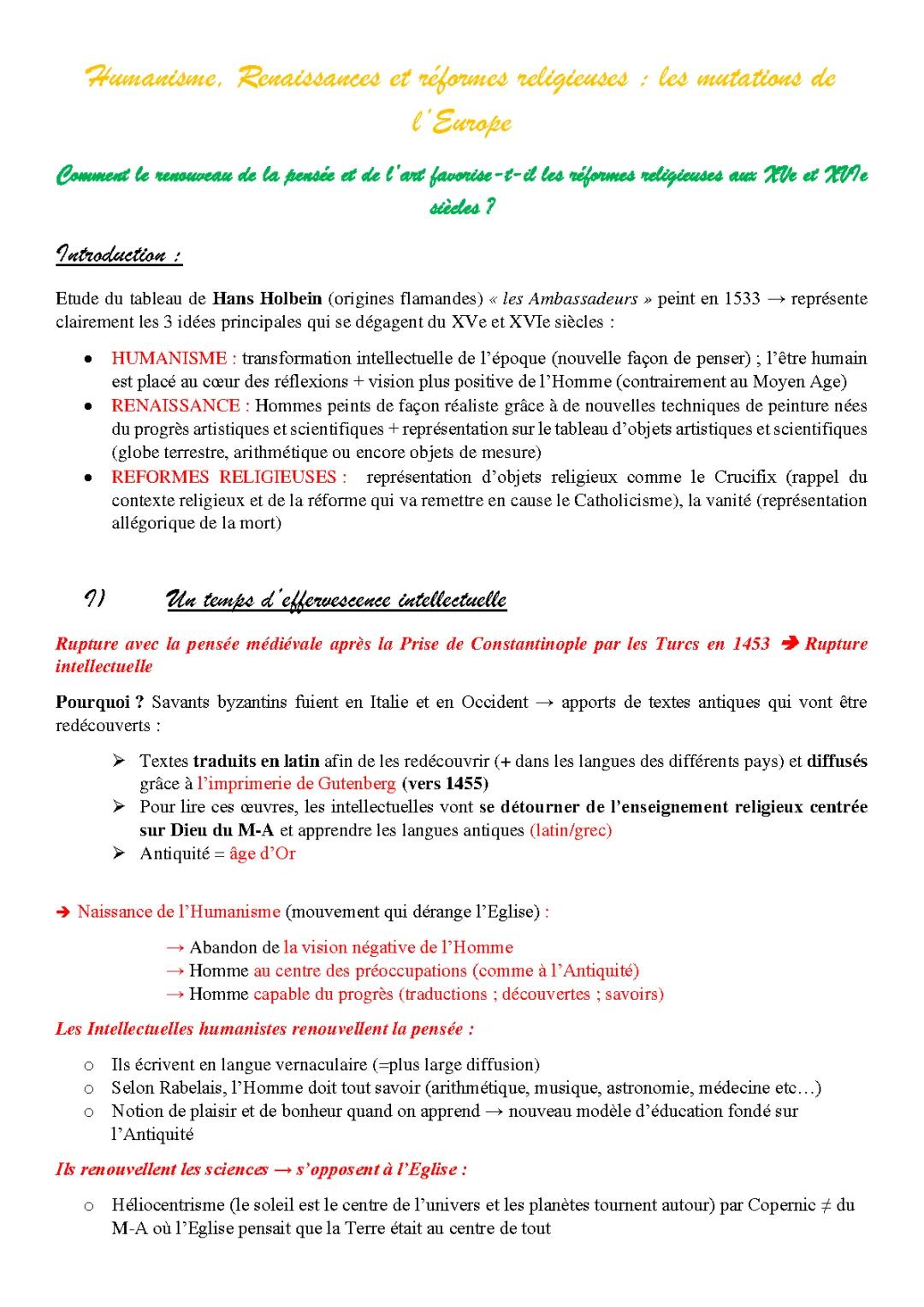 Résumé PDF : Humanisme, Renaissance et Réformes Religieuses