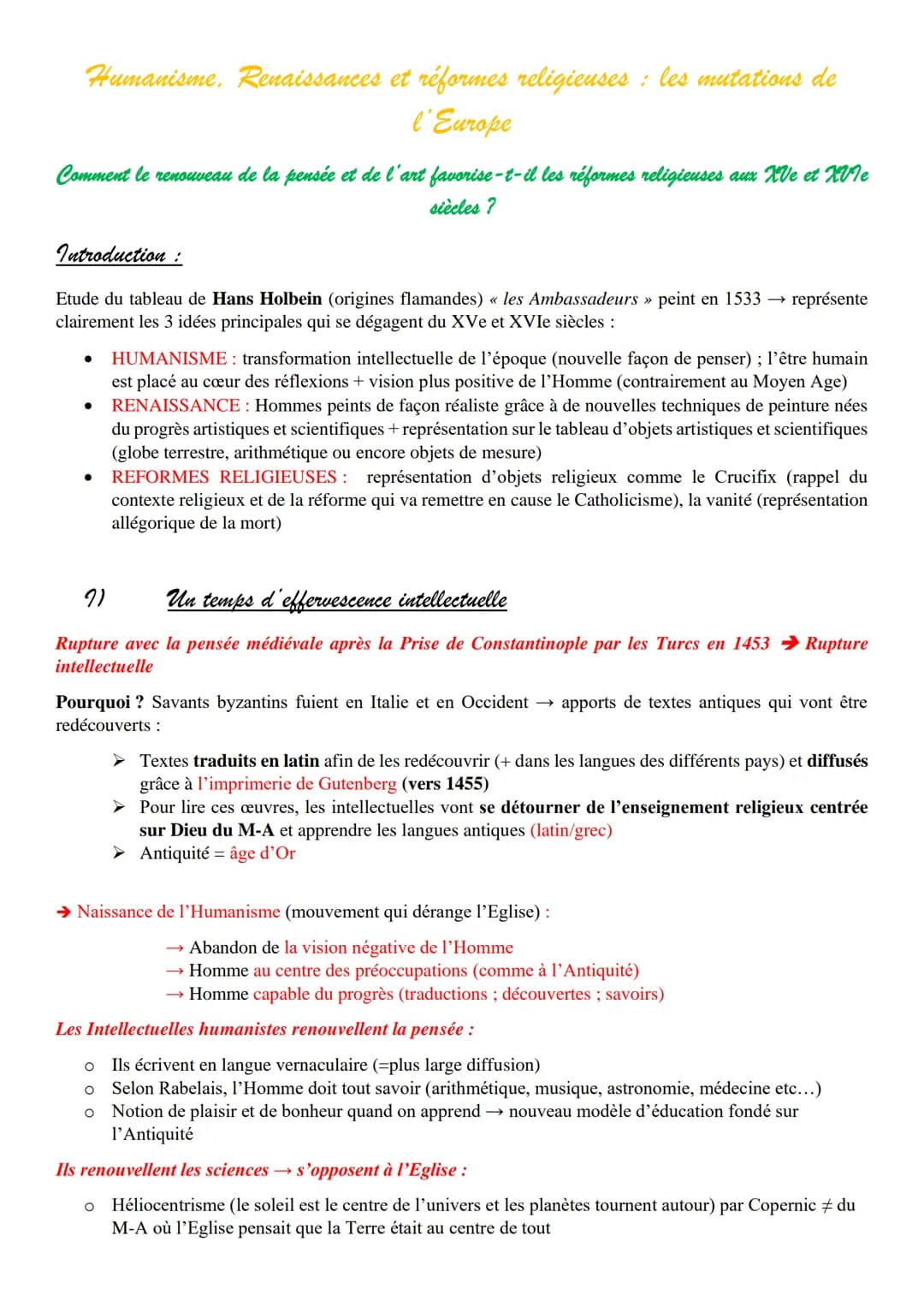 Humanisme, Renaissances et réformes religieuses : les mutations de
l'Europe
Comment le renouveau de la pensée et de l'art favorise-t-il les 