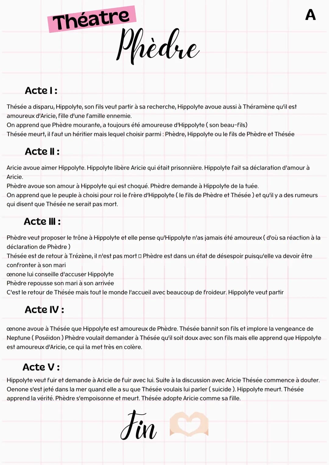 --- OCR Start ---
Théatre
Phèdre
A
Acte 1:
Thésée a disparu, Hippolyte, son fils veut partir à sa recherche, Hippolyte avoue aussi à Théramè