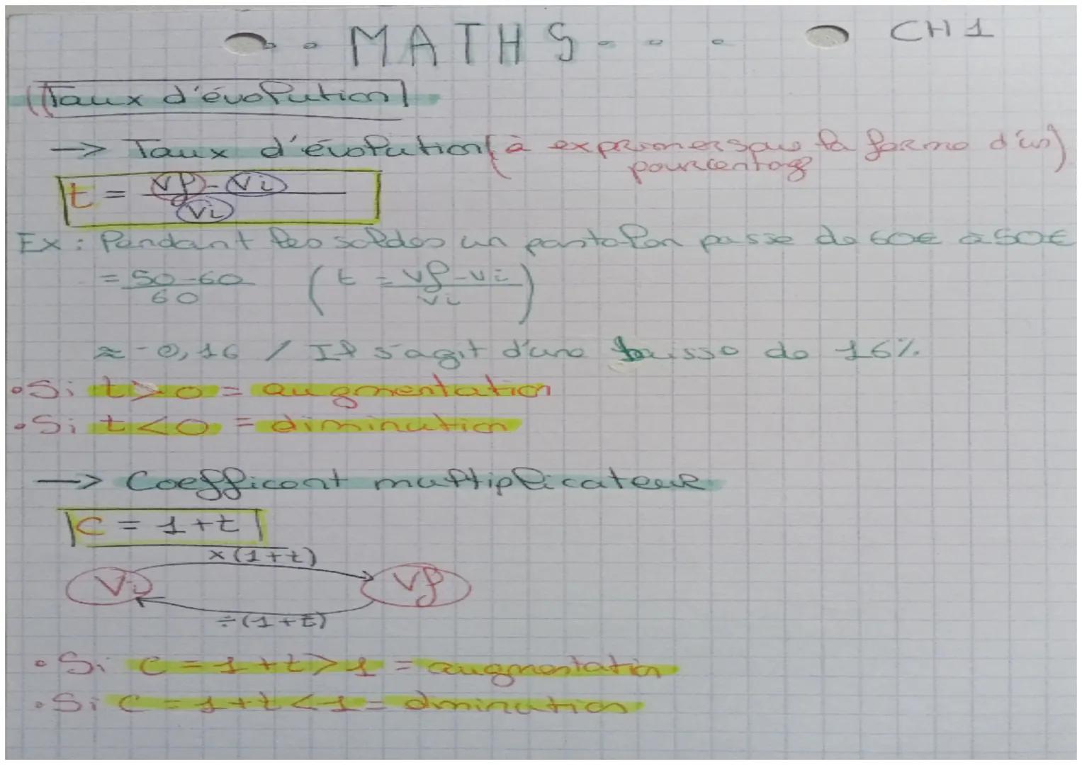 MATHS
Taux d'évolution]
→ Taux d'évolution à exprimer spus la forme d'us)
pourcentag
It
=
EVD
Ex: Pundant les soldes un pastafon passe de 60