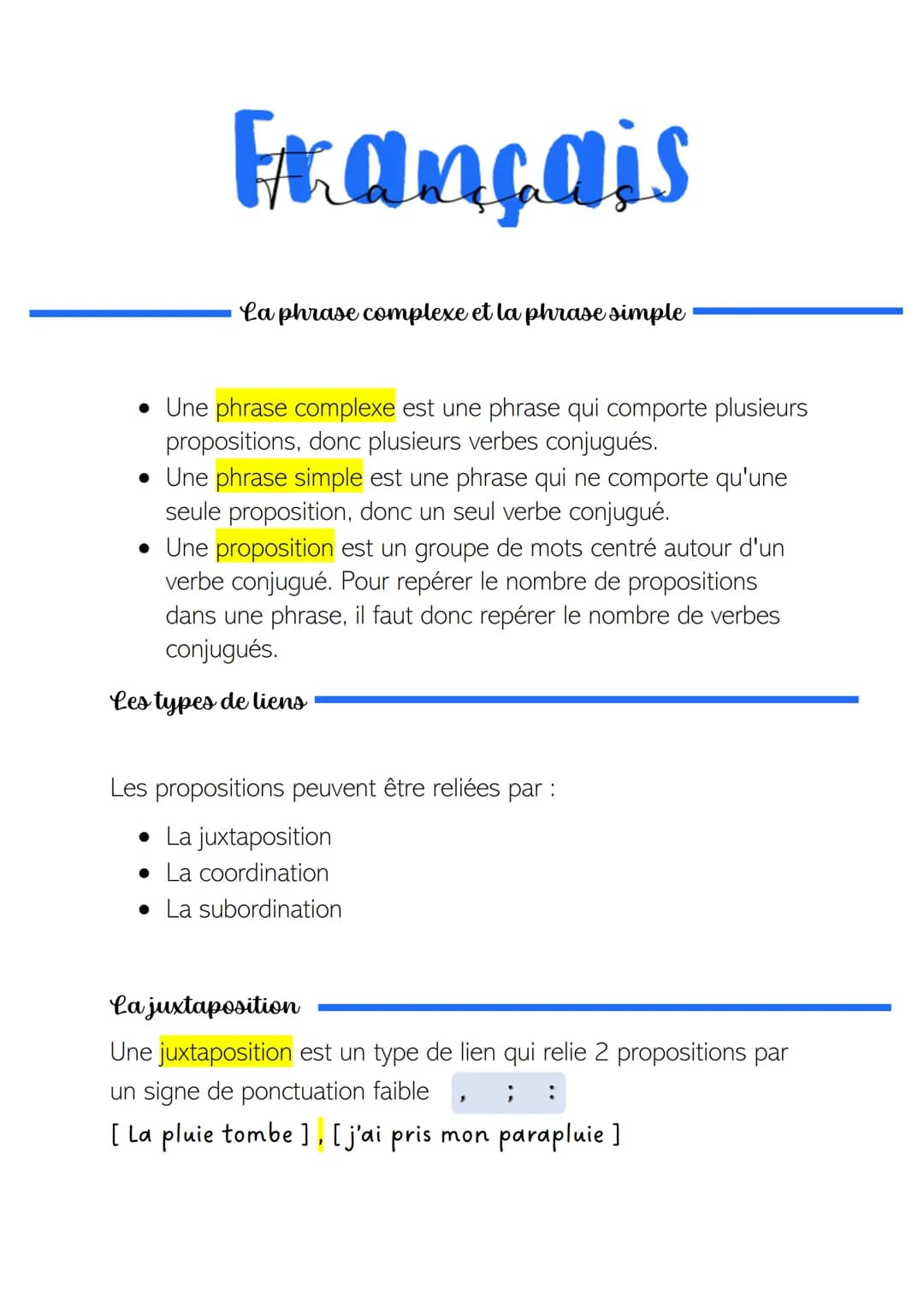 Français
La phrase complexe et la phrase simple
• Une phrase complexe est une phrase qui comporte plusieurs
propositions, donc plusieurs ver