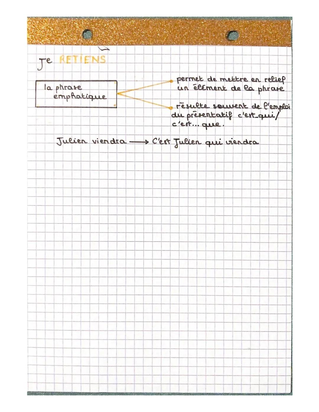 
<p>La forme de phrase emphatique consiste à mettre en relief un élément de la phrase. Cela permet d'attirer l'attention du destinataire sur