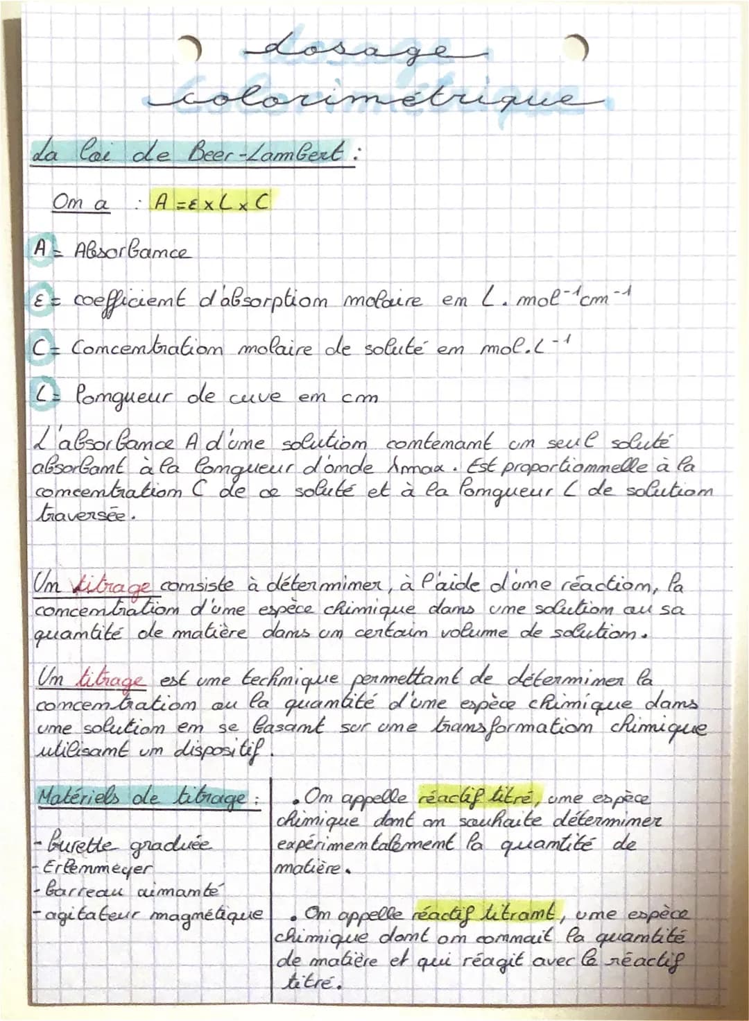 Violo
La loi de Beer -Lambert:
A =EXL XC
A
نماو
де
Corimétrique
Om a
A = Absorbance
E = coefficient d'absorption molaire em L.mol-1cm-1
C= C