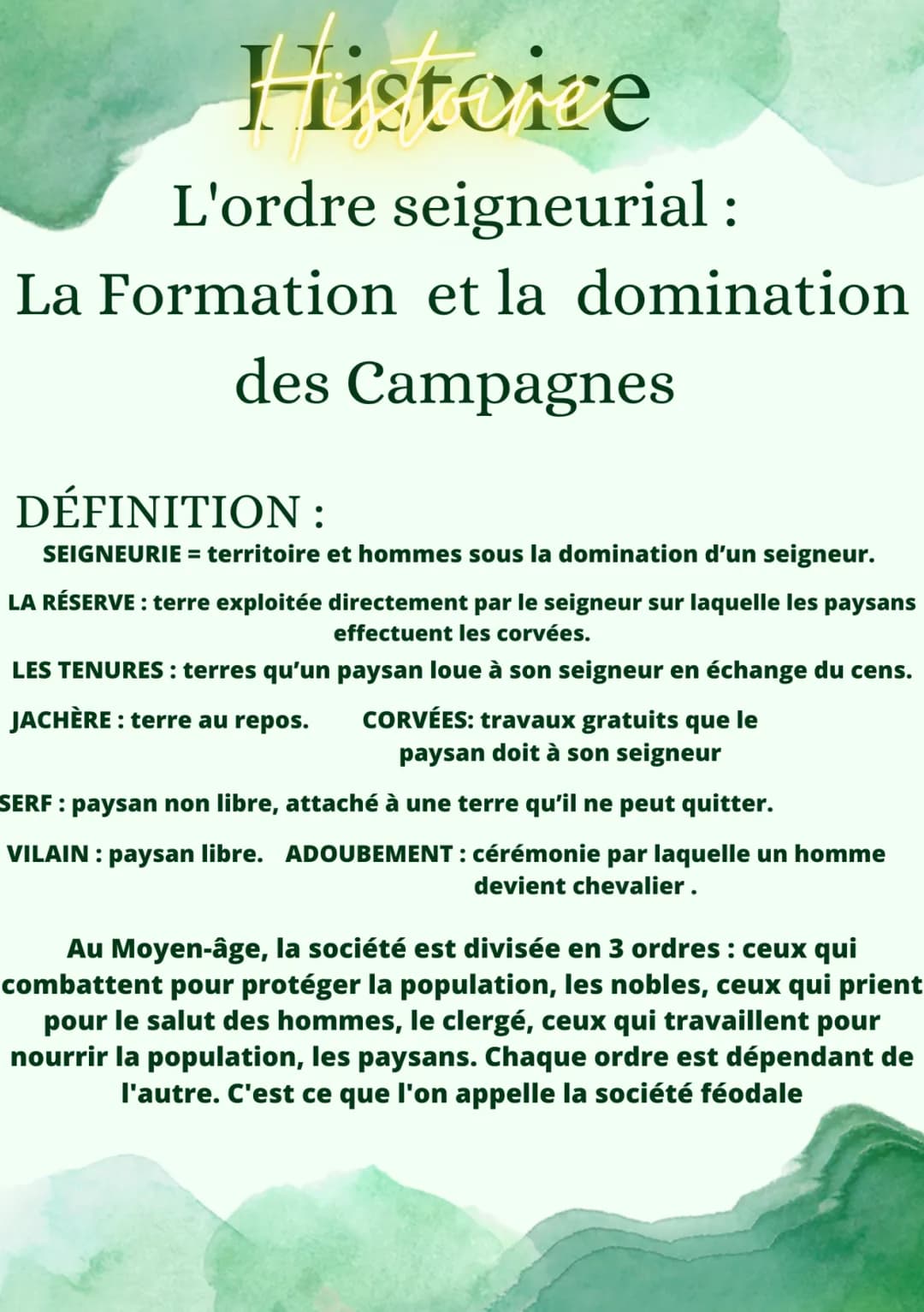 Histoire
L'ordre seigneurial:
La Formation et la domination
des Campagnes
DÉFINITION:
SEIGNEURIE = territoire et hommes sous la domination d