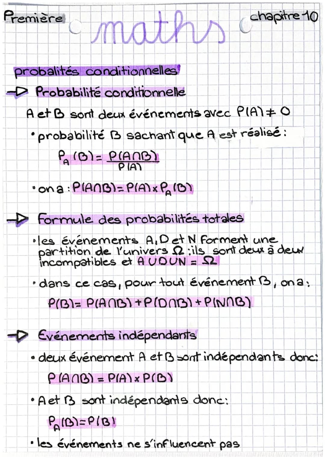 Première
maths
chapitre 10
probalités conditionnelles
Probabilité conditionnelle
A et B sont deux événements avec P(A)=0
•probabilité B sach