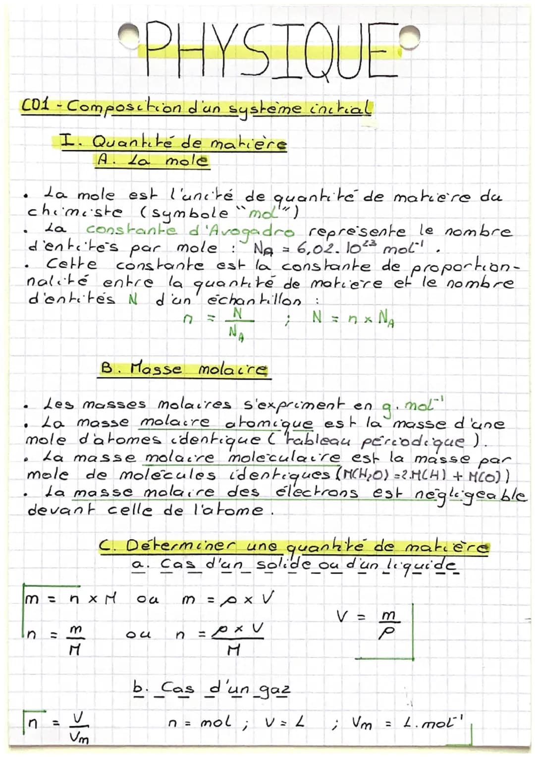 PHYSIQUE
C01 - Composition d'un système initial
I. Quantité de matière
A. La mole
La mole est l'unité de quantité de matière du
chimiste (sy