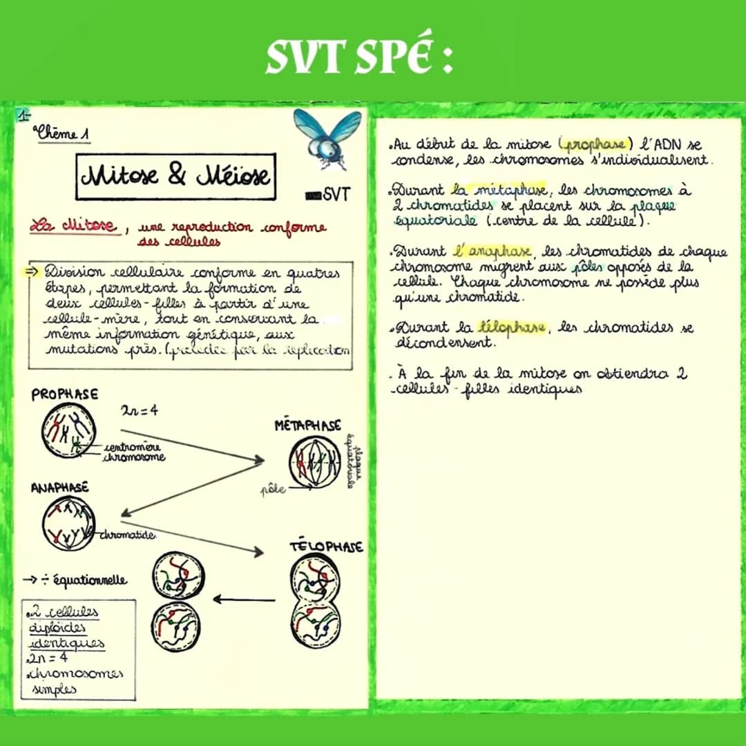 1-
Cheme 1
Mitose & Meiose
La Mitose, une reproduction conforme
des cellules
PROPHASE
Division cellulaire conforme en quatres
étapes, permet