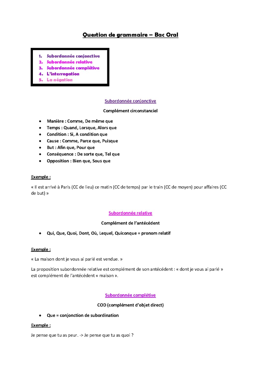Question de grammaire - ORAL BAC 2023 