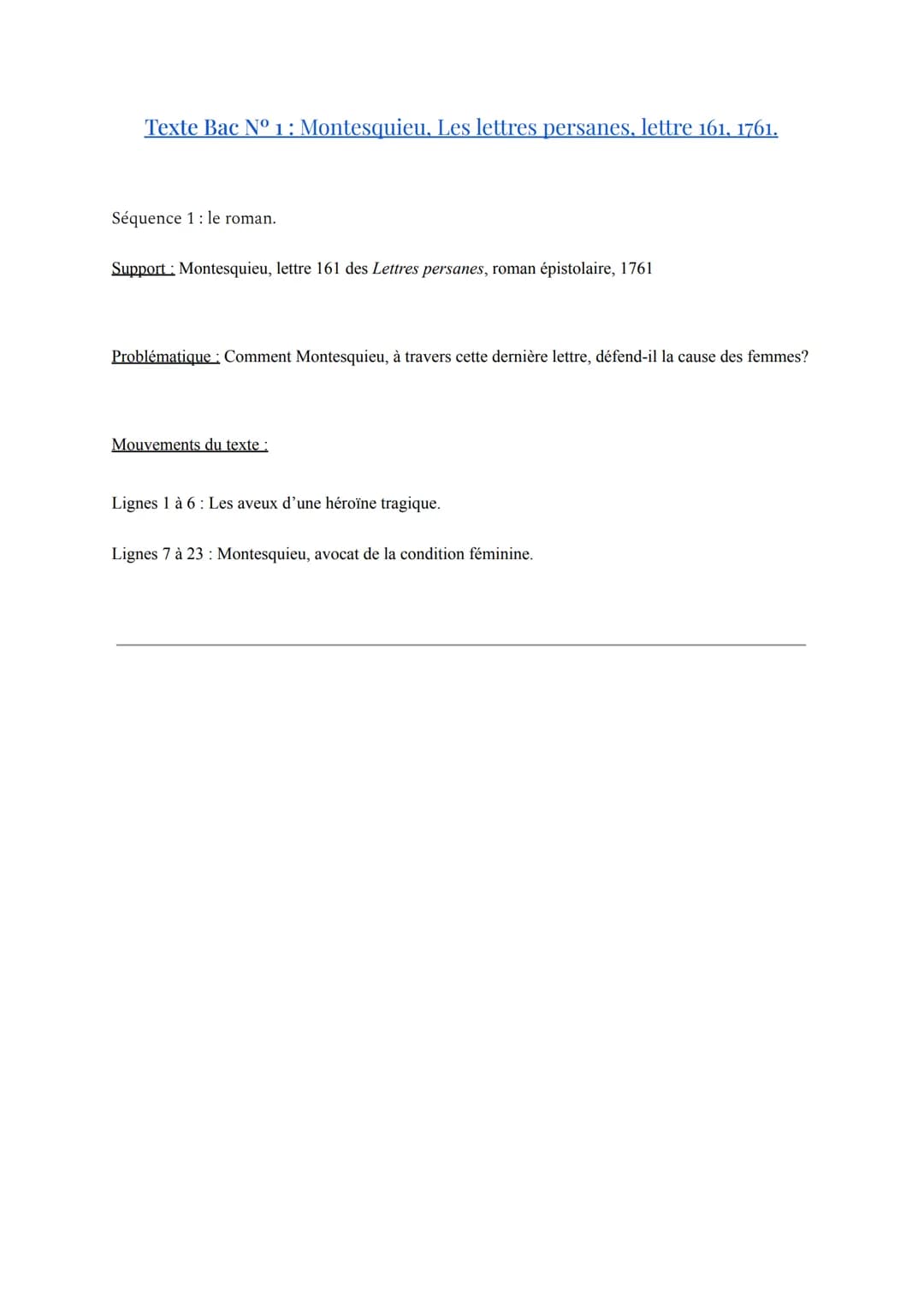 Texte Bac Nº 1: Montesquieu, Les lettres persanes, lettre 161, 1761.
Séquence 1: le roman.
Support: Montesquieu, lettre 161 des Lettres pers