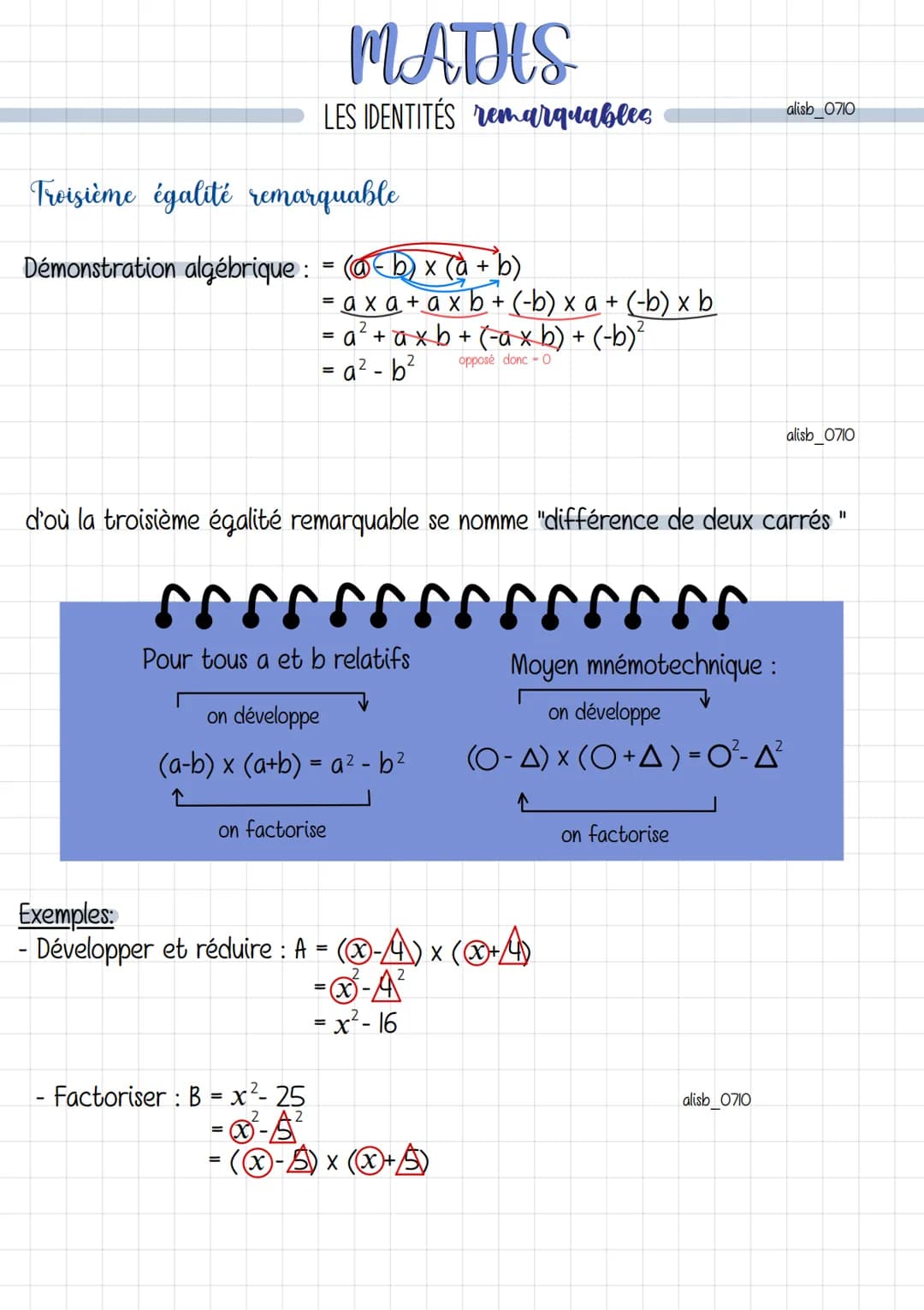MATHS
LES IDENTITÉS remarquables
Une identité remarquable également appelé égalité remarquable est une
expression mathématique qui sert de b