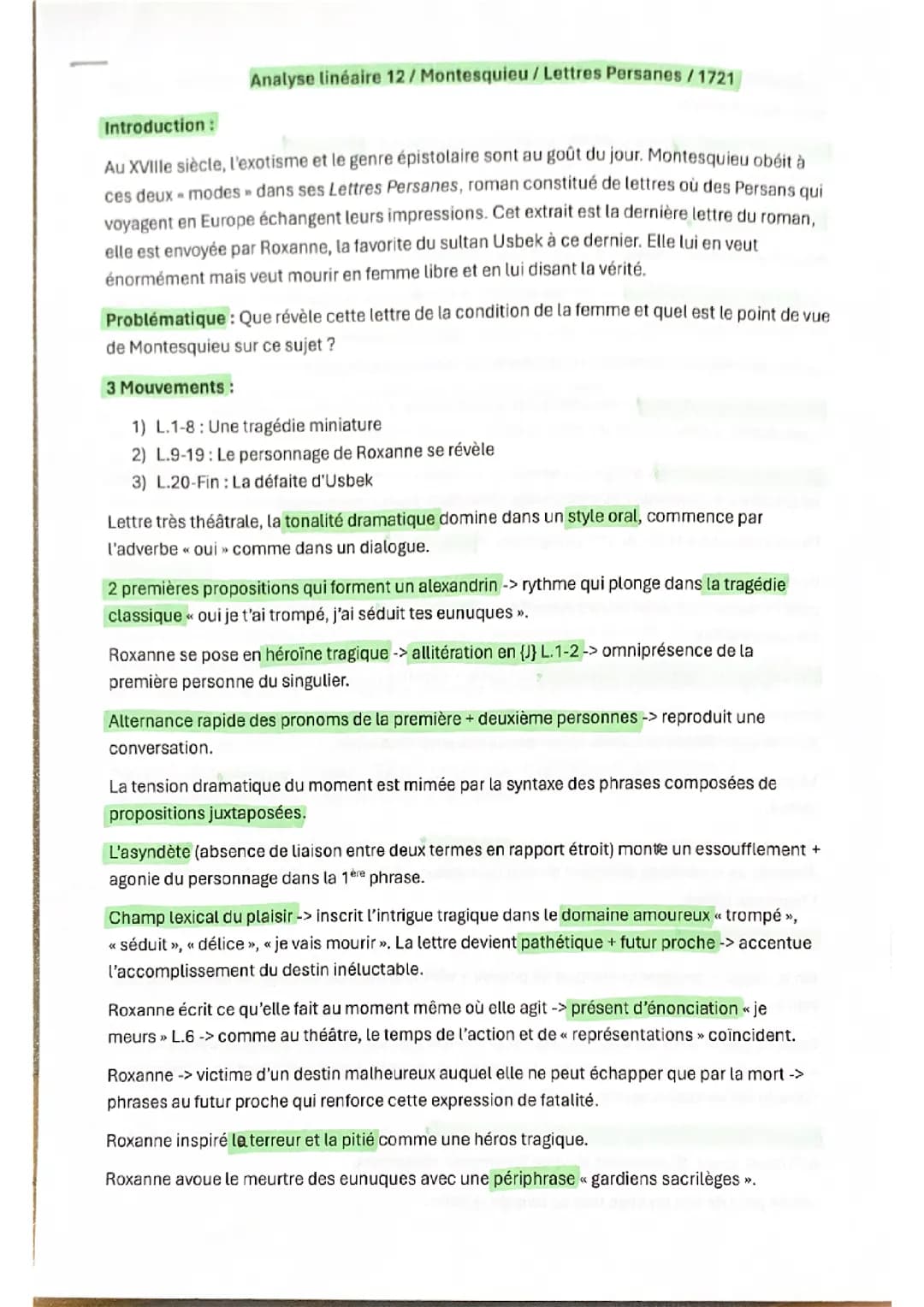 Analyse linéaire Montesquieu Lettres Persanes 