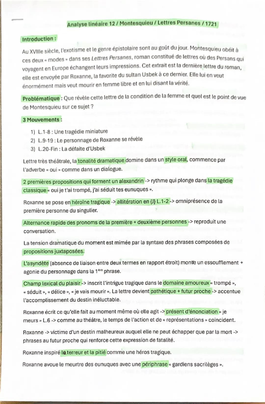 Analyse linéaire 12/ Montesquieu / Lettres Persanes/1721
Introduction:
Au XVIIIe siècle, l'exotisme et le genre épistolaire sont au goût du 