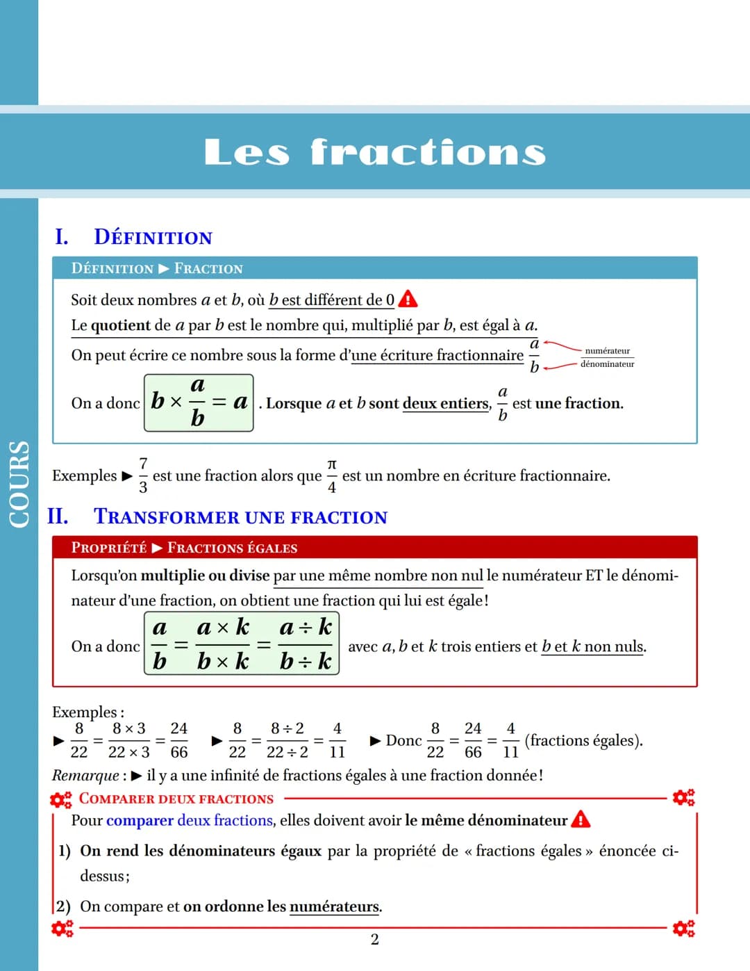 COURS
I. DÉFINITION
II.
DÉFINITION ▶ FRACTION
Soit deux nombres a et b, où b est différent de 0 A
Le quotient de a par b est le nombre qui, 