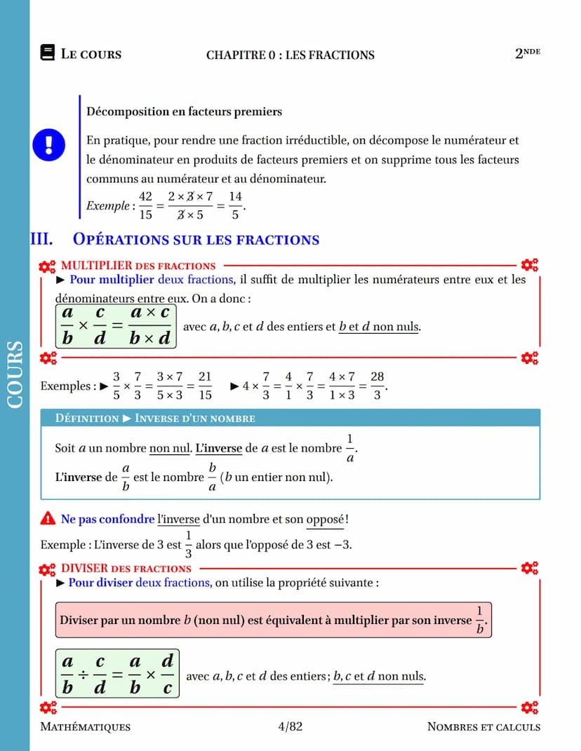 COURS
I. DÉFINITION
II.
DÉFINITION ▶ FRACTION
Soit deux nombres a et b, où b est différent de 0 A
Le quotient de a par b est le nombre qui, 