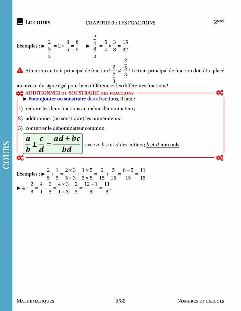 COURS
I. DÉFINITION
II.
DÉFINITION ▶ FRACTION
Soit deux nombres a et b, où b est différent de 0 A
Le quotient de a par b est le nombre qui, 