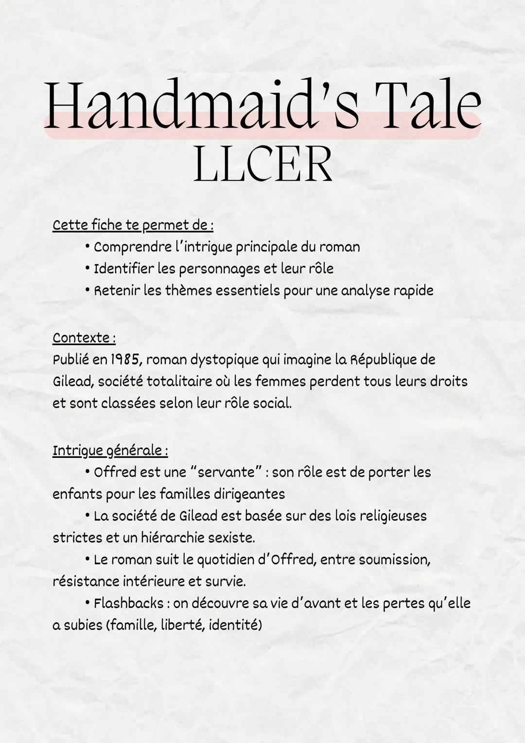 Explication
Handmaid's Tale
LLCER # Handmaid's Tale
LLCER

Cette fiche te permet de :
- Comprendre l'intrigue principale du roman
- Identifi