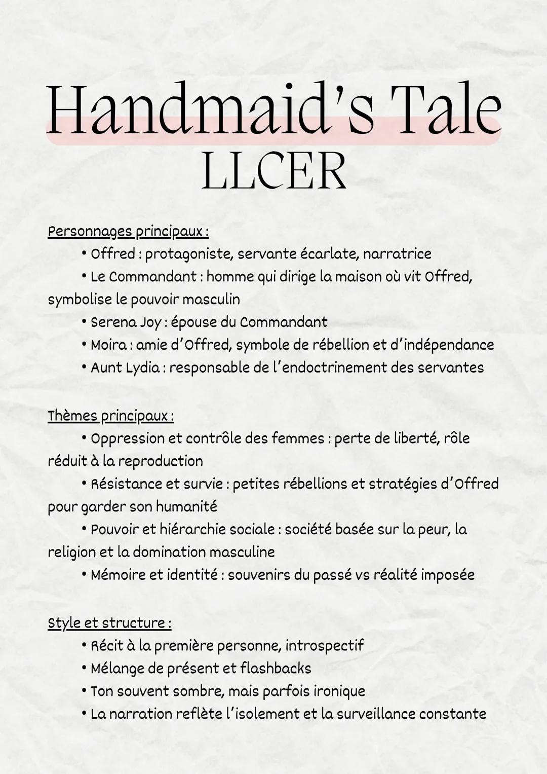 Explication
Handmaid's Tale
LLCER # Handmaid's Tale
LLCER

Cette fiche te permet de :
- Comprendre l'intrigue principale du roman
- Identifi
