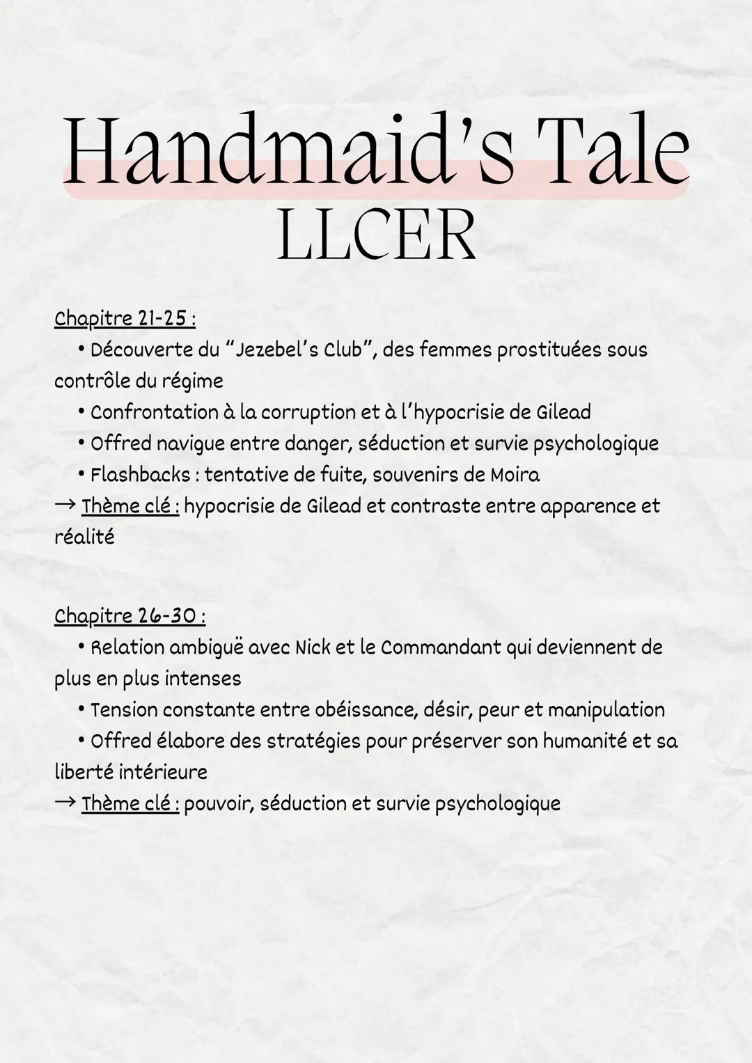 Explication
Handmaid's Tale
LLCER # Handmaid's Tale
LLCER

Cette fiche te permet de :
- Comprendre l'intrigue principale du roman
- Identifi