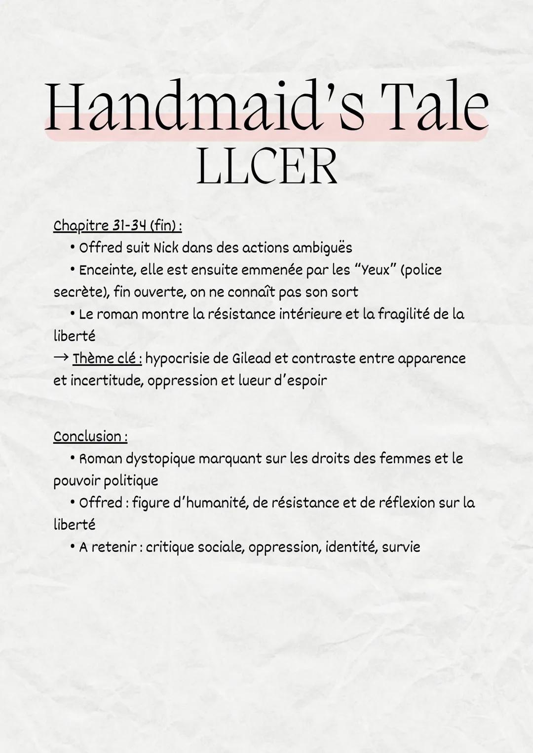 Explication
Handmaid's Tale
LLCER # Handmaid's Tale
LLCER

Cette fiche te permet de :
- Comprendre l'intrigue principale du roman
- Identifi