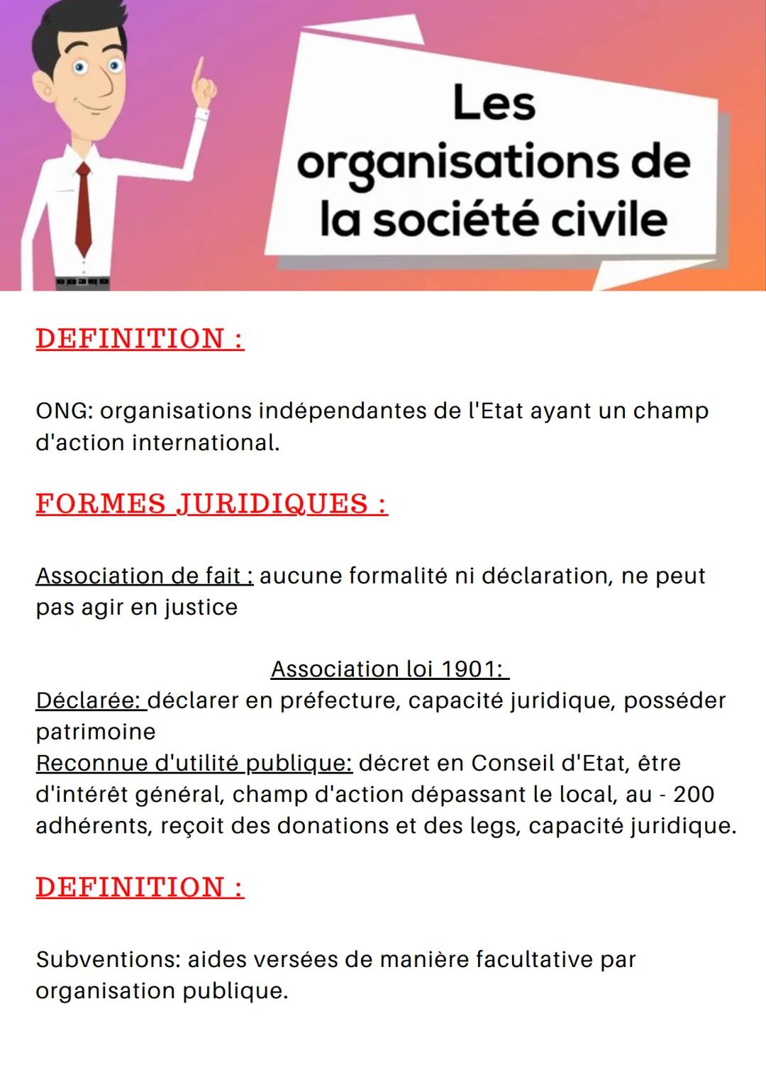 DEFINITION :
Les
organisations de
la société civile
OSC: organisation privée qui rend 1 service non marchand à
des adhérents et/ou à la popu