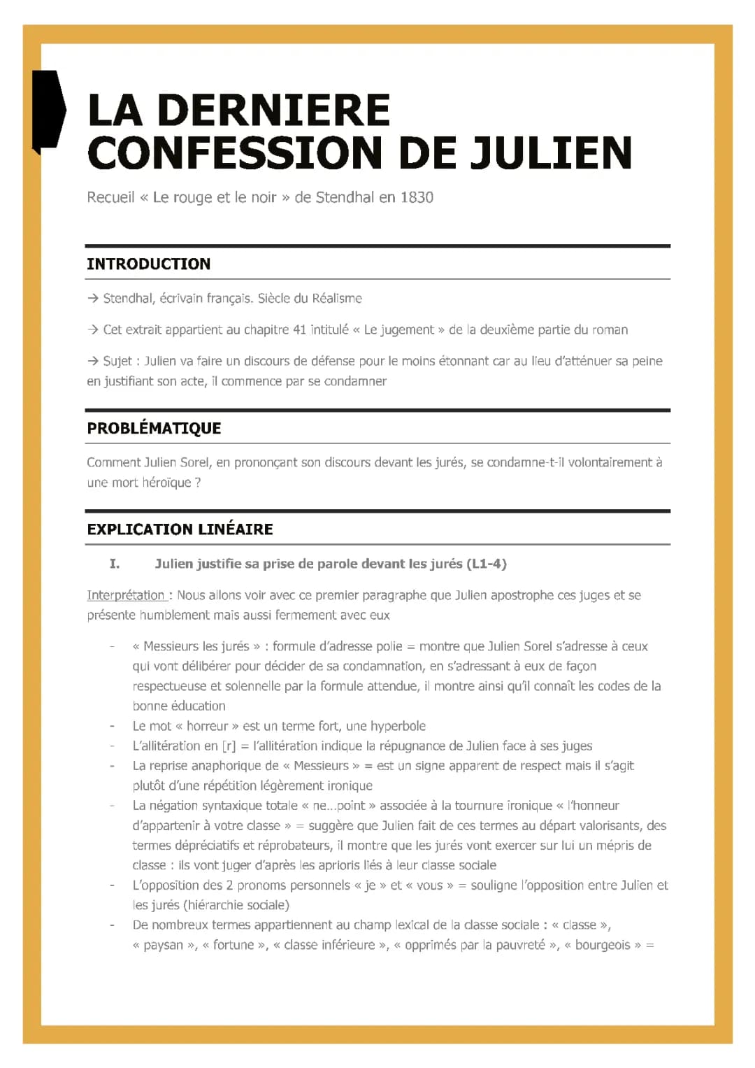 Analyse linéaire Le Rouge et le Noir chapitres 4, 10, 19 et plus - Julien Sorel prenait haleine