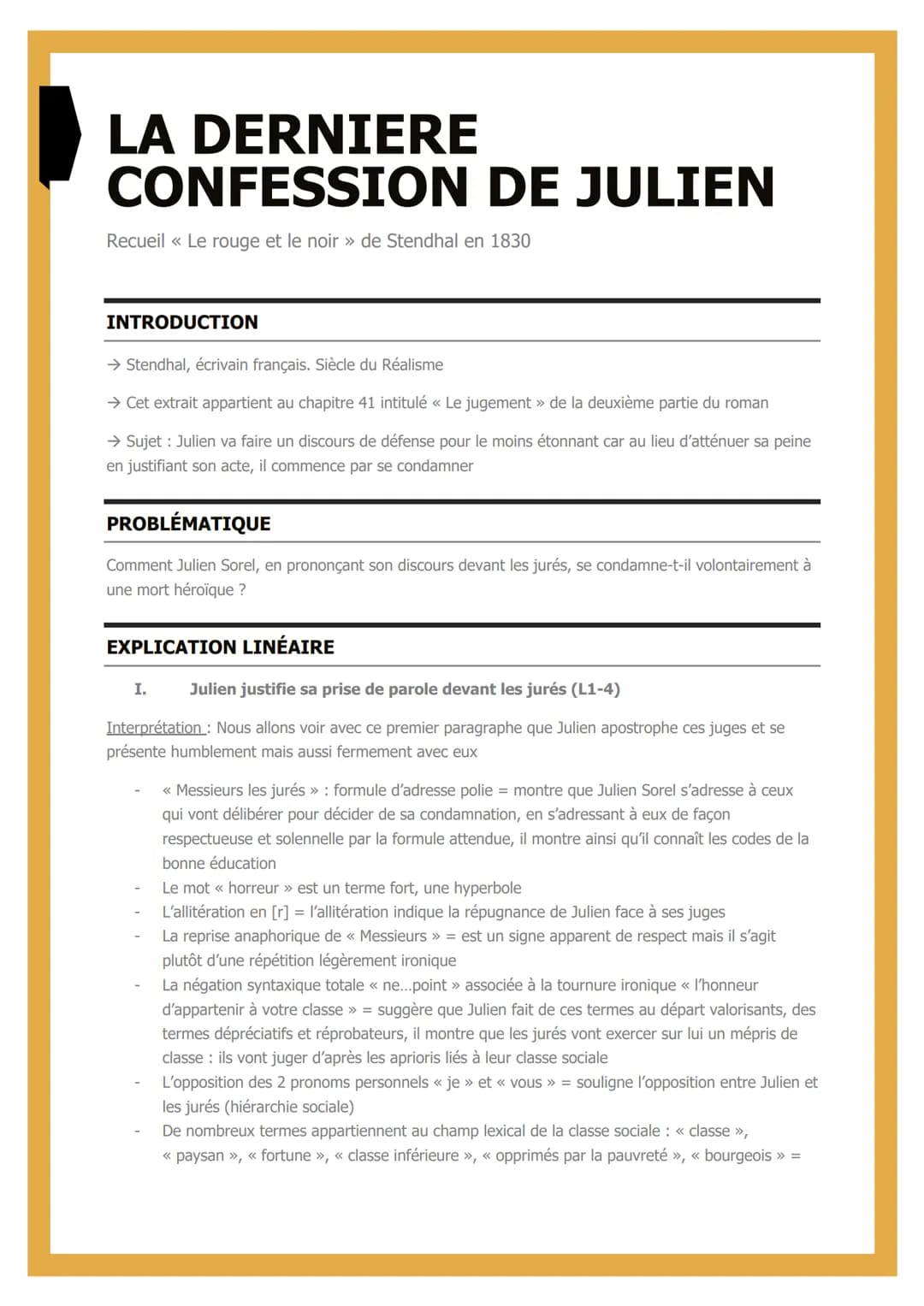 LA DERNIERE
CONFESSION DE JULIEN
Recueil << Le rouge et le noir » de Stendhal en 1830
INTRODUCTION
→ Stendhal, écrivain français. Siècle du 