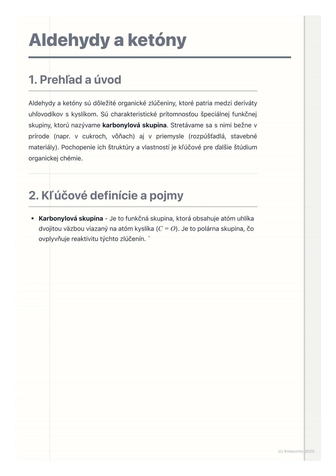 # Aldehydy a ketóny

1. Prehľad a úvod

Aldehydy a ketóny sú dôležité organické zlúčeniny, ktoré patria medzi deriváty
uhľovodíkov s kyslíko