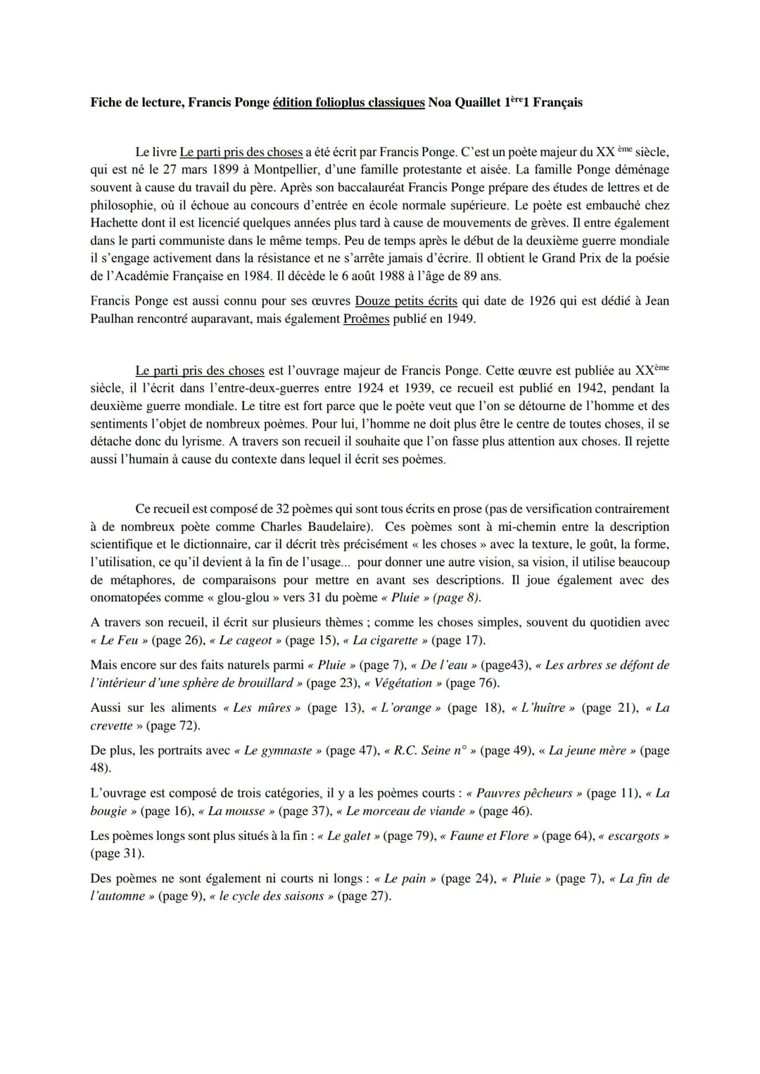 Fiche de lecture, Francis Ponge édition folioplus classiques Noa Quaillet 1ère1 Français
Le livre Le parti pris des choses a été écrit par F