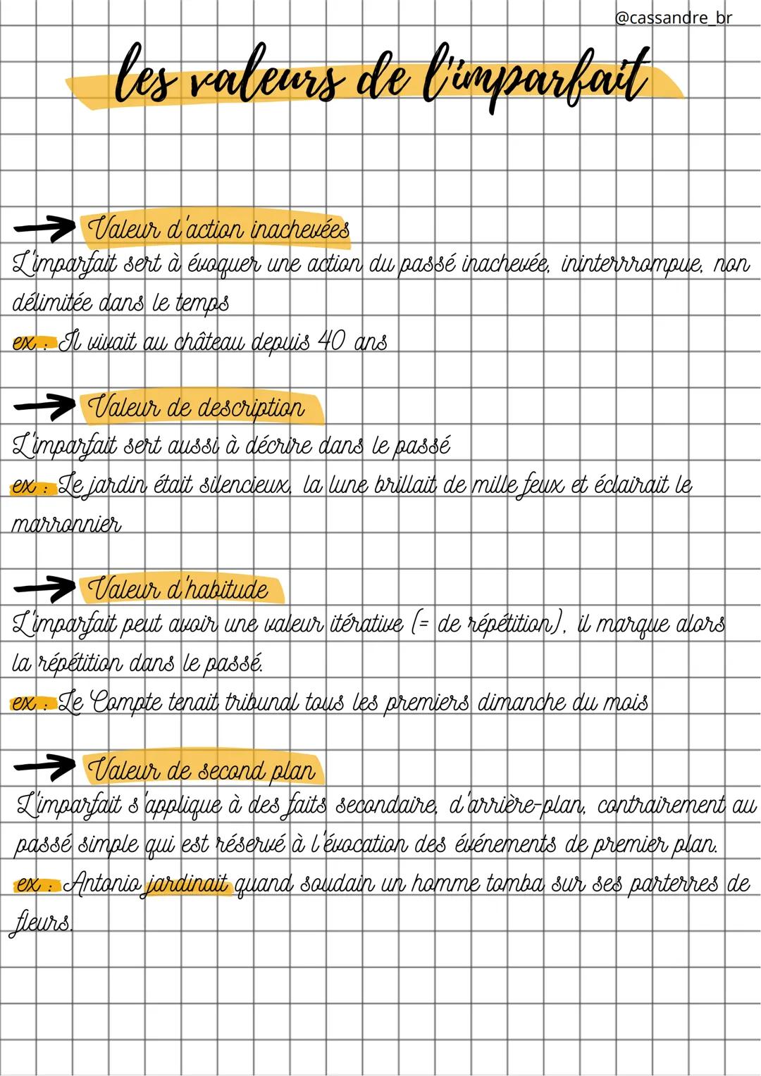 @cassandre br
# les valeurs de l'imparfait
→ Valeur d'action inachevées
L'imparfait sert à évoquer une action du passé inachevée, ininterrro