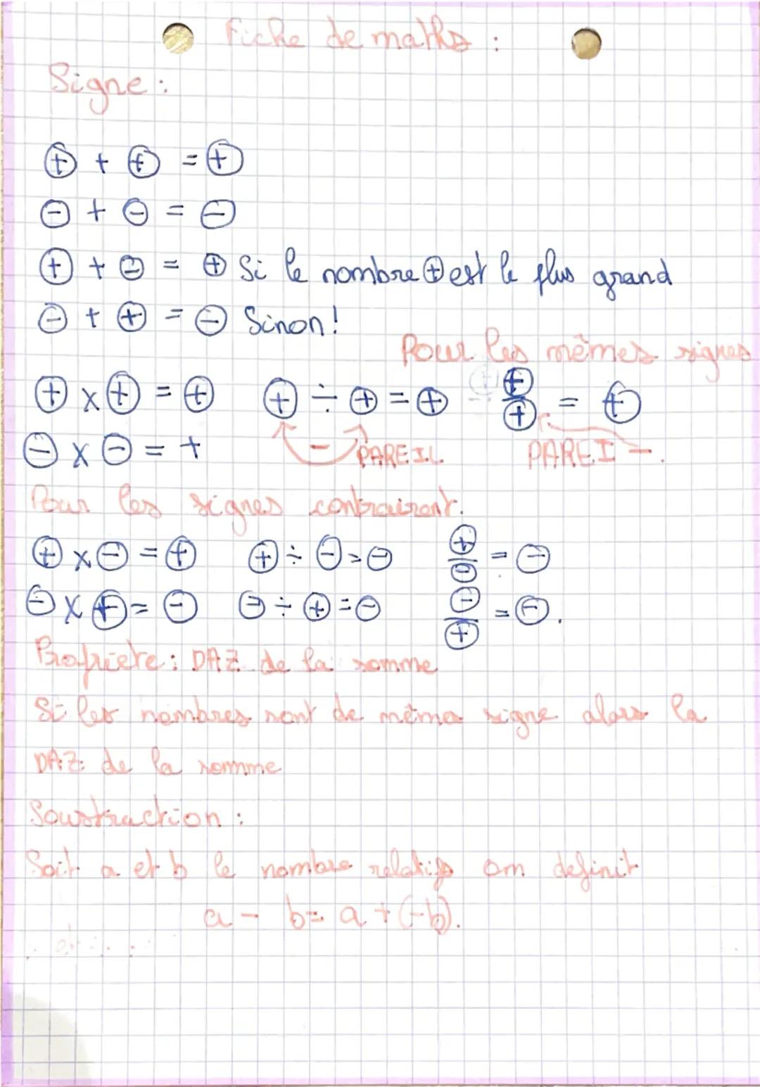 Signe:
+ (+)
☹ + ©
=
+=
Fiche de maths
Ө
= + Si le nombre est le plus grand
Ⓒ Sinon!
(+ + ☹
☹ + + =
Pour les mêmes signes
+ x + = +
+
= 0 B
