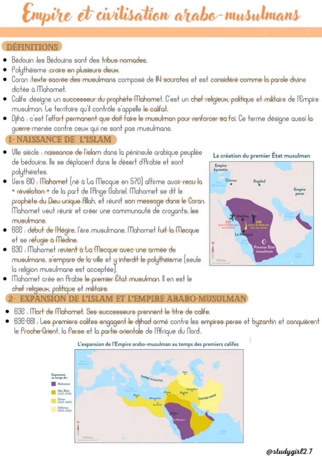 Empire et civilisation arabo-musulmans
DÉFINITIONS
Bédouin les Bédouins sont des tribus nomades.
Polythéisme :croire en plusieurs dieux.
Cor