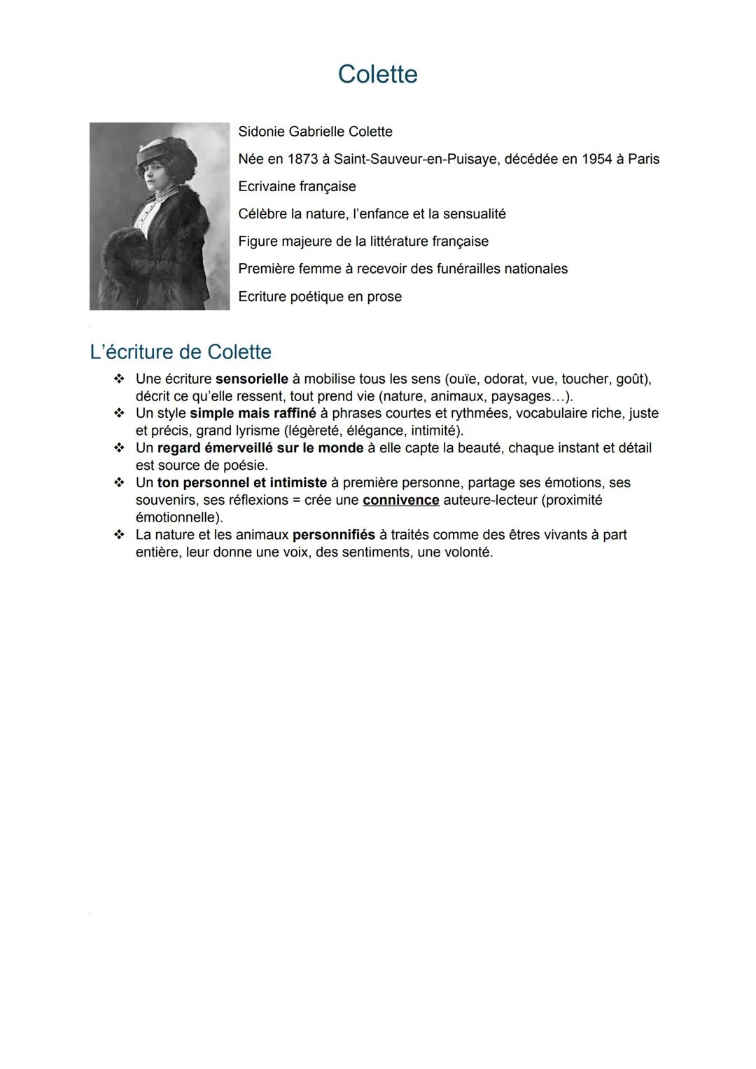 Colette
Sidonie Gabrielle Colette
Née en 1873 à Saint-Sauveur-en-Puisaye, décédée en 1954 à Paris
Ecrivaine française
Célèbre la nature, l'e