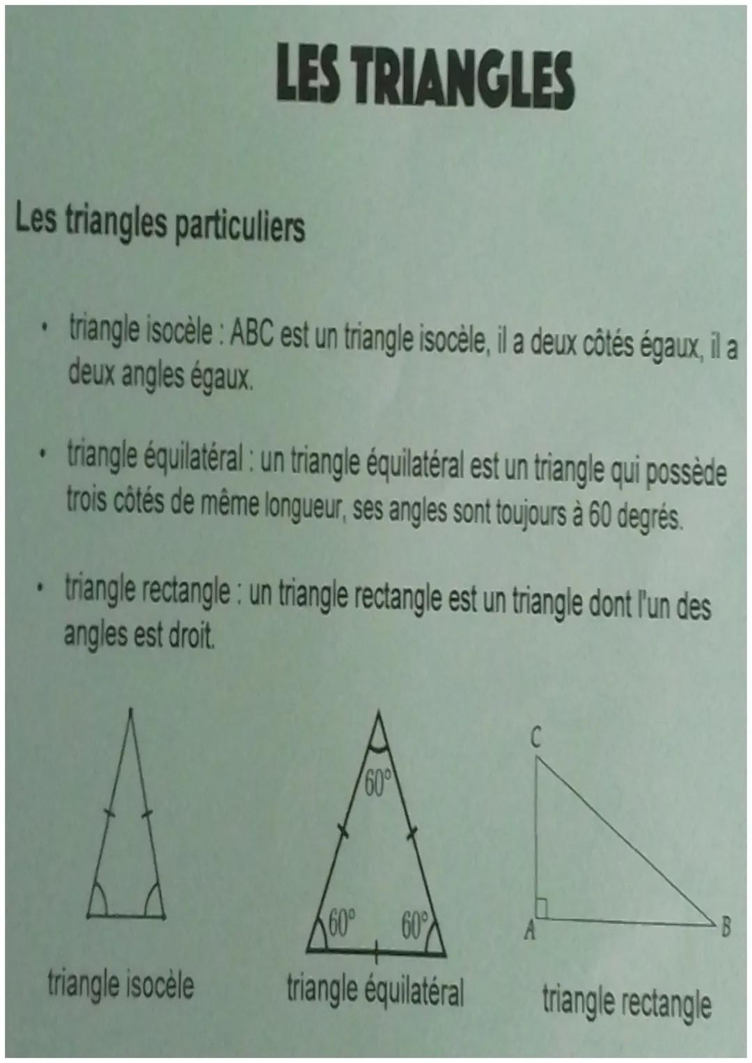 Les triangles particuliers
triangle isocèle: ABC est un triangle isocèle, il a deux côtés égaux, il a
deux angles égaux.
.
LES TRIANGLES
tri