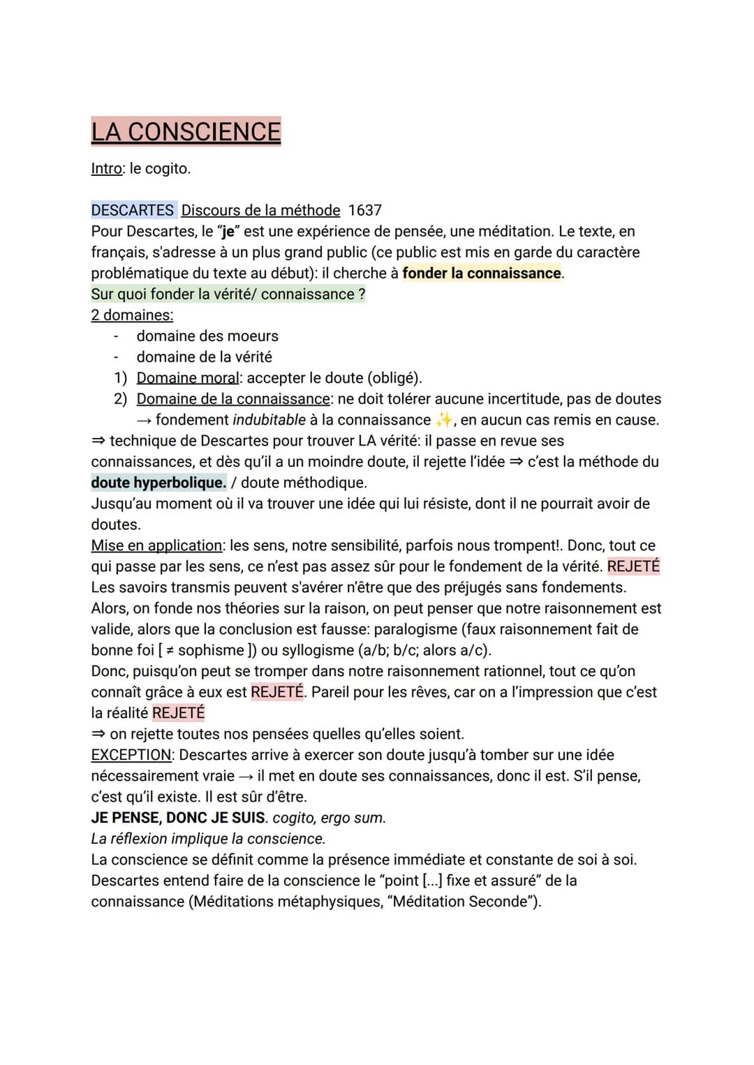 LA CONSCIENCE
Intro: le cogito.
DESCARTES Discours de la méthode 1637
Pour Descartes, le "je" est une expérience de pensée, une méditation. 