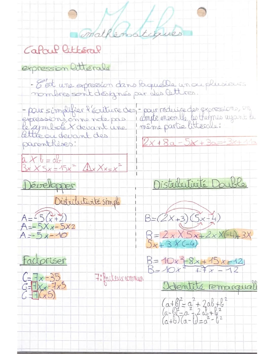 Mathématique Calcul littéral 3 eme 