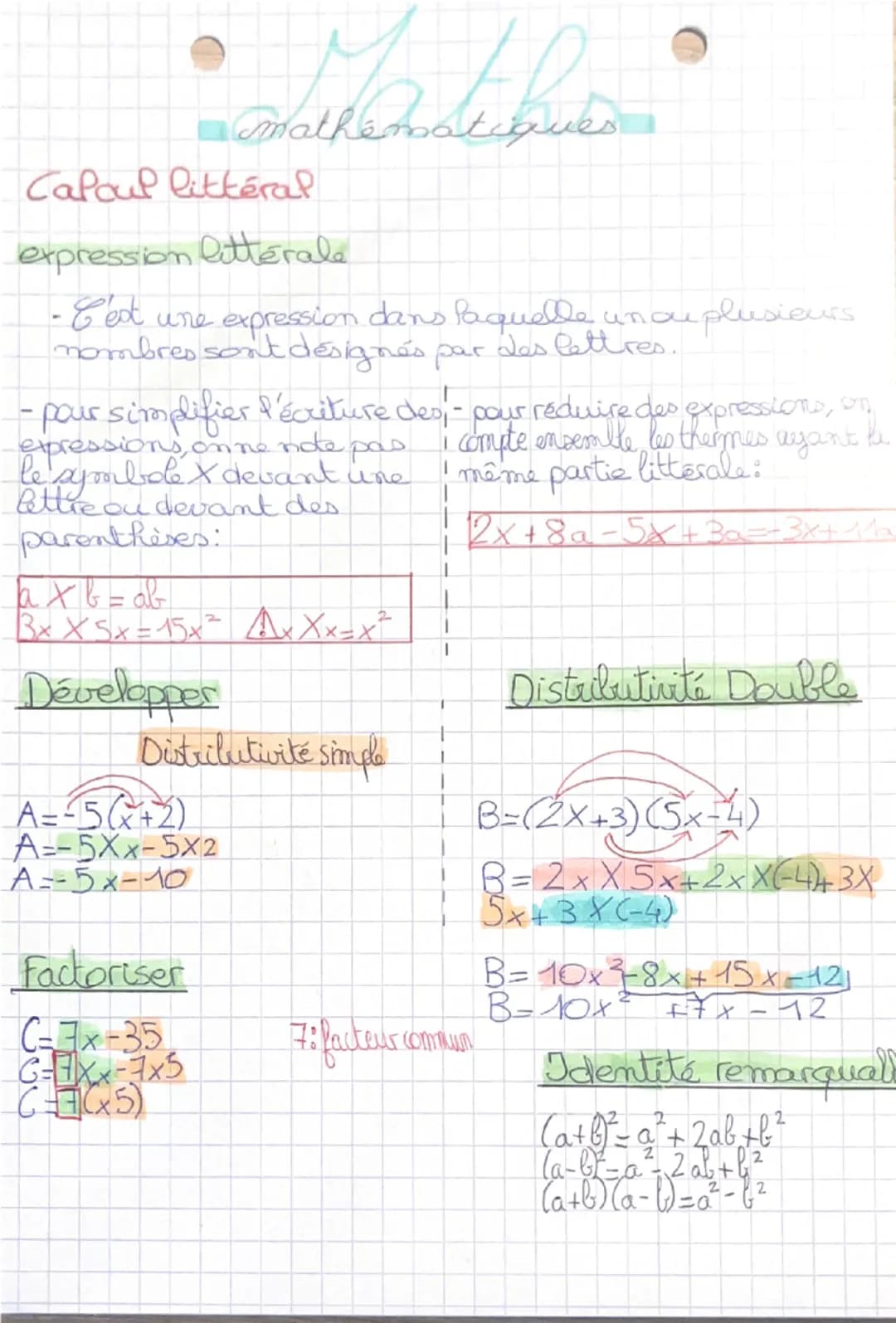 Mathe
mathématiques
Calcul littéral
expression littérale
- C'est une expression dans laquelle un ou plusieurs
nombres sont désignés par des 
