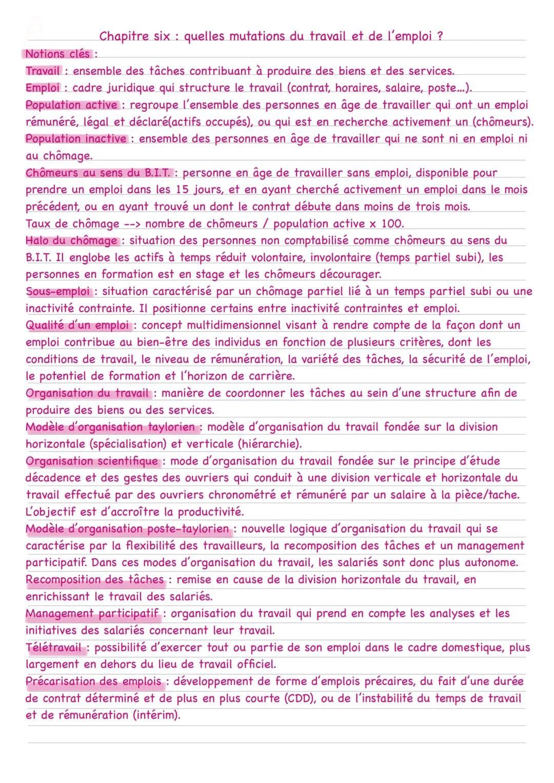 Chapitre six : quelles mutations du travail et de l'emploi ?
Notions clés :
Travail: ensemble des tâches contribuant à produire des biens et