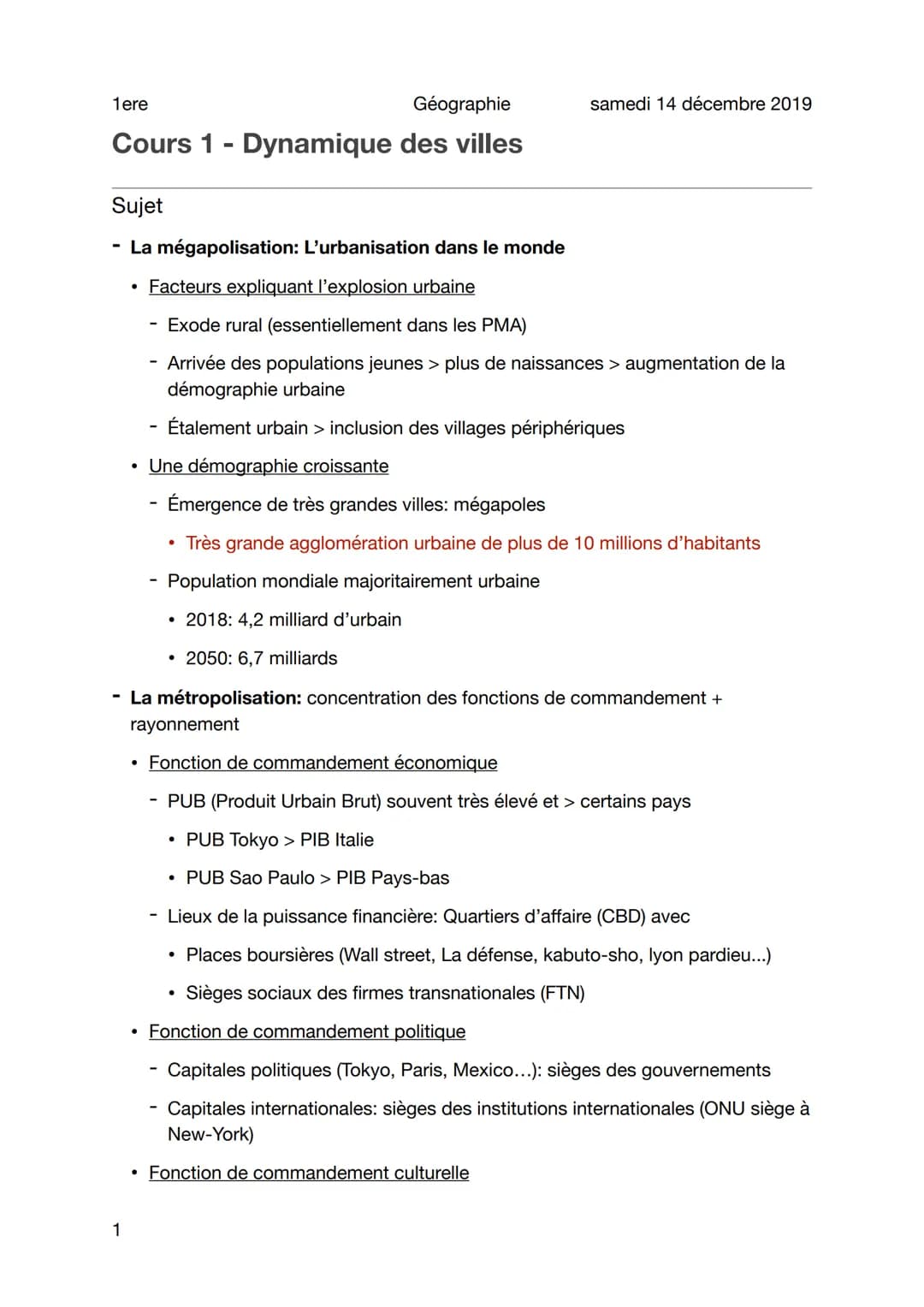Géographie
Cours 1 - Dynamique des villes
1ere
Sujet
La mégapolisation: L'urbanisation dans le monde
• Facteurs expliquant l'explosion urbai