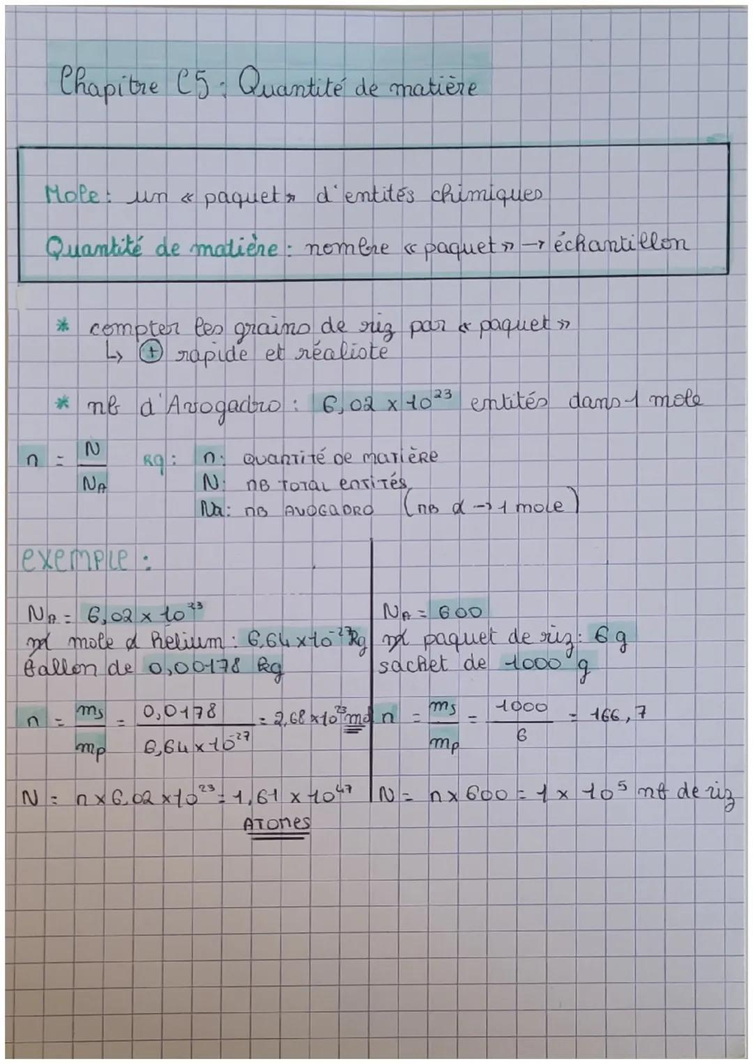# Chapitre C5: Quantité de matière

Mole: un « paquet d'entités chimiques

Quantité de matière: nombre « paquet échantillon

* compter les g