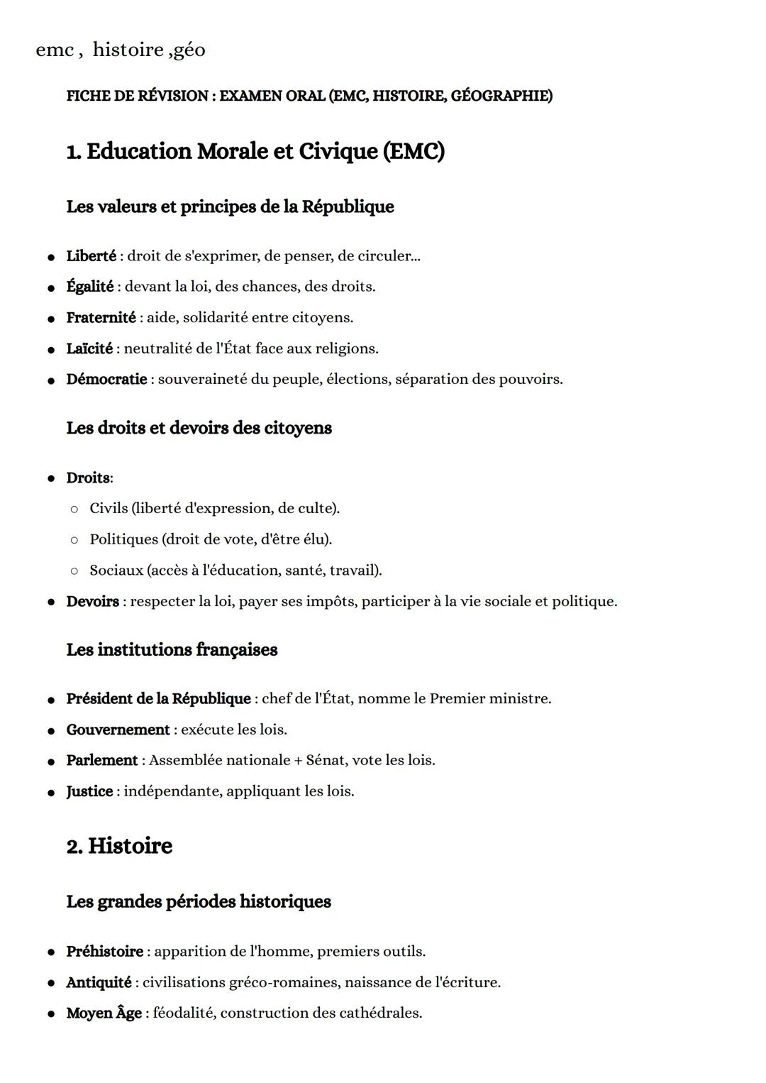 emc, histoire, géo

FICHE DE RÉVISION: EXAMEN ORAL (EMC, HISTOIRE, GÉOGRAPHIE)

# 1. Education Morale et Civique (EMC)

Les valeurs et princ