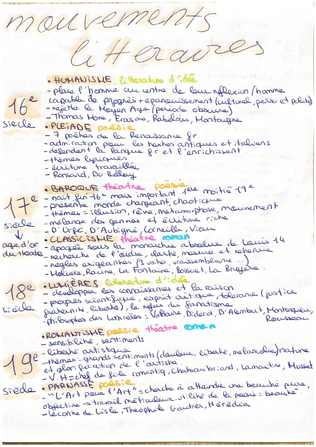 mouvements

literaires

• HUMANISME litterature d'idee
- place l'homme cun centre de leur neflexion/homme
e capable de progrès répanouisseme