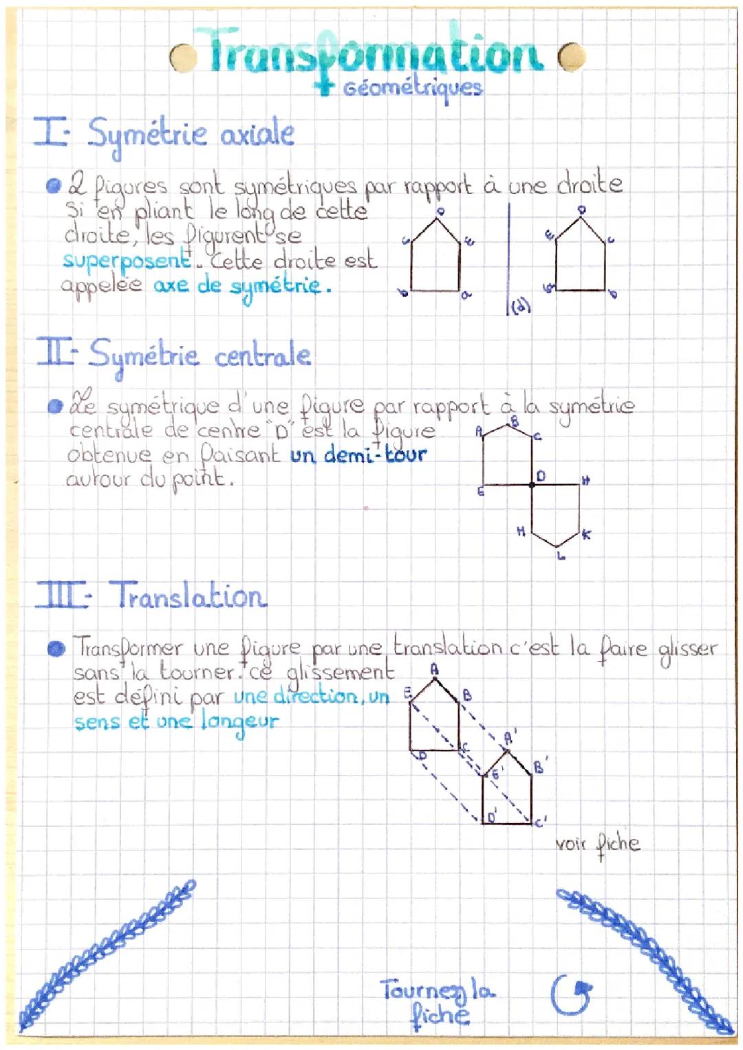 Transformation Géométrique 3ème: Symétrie, Translation, et Rotation avec Exercices Corrigés PDF